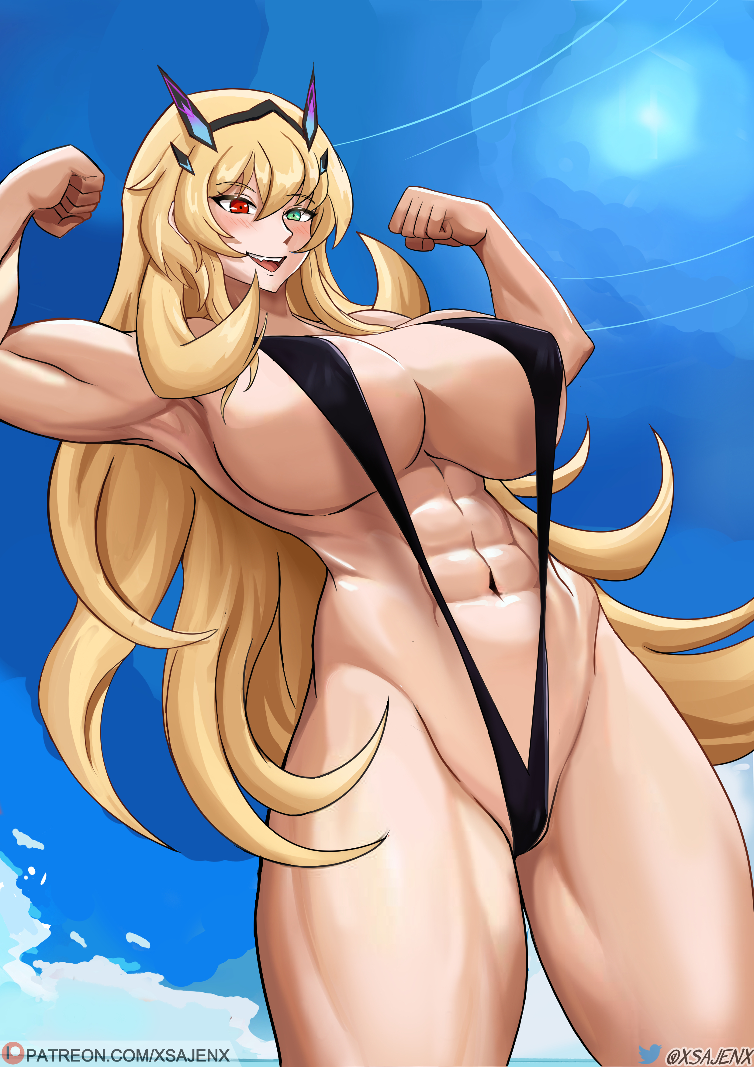1girls, abs, barghest (gawain) (fate), big breasts, black sling bikini, blonde hair, blush, breasts, cleavage, fate (series), female, female only, green eyes, hair, heterochromia, huge breasts, long hair, muscles, muscular, muscular female, red eyes, revealing clothes, skimpy, skimpy bikini, sling bikini, smile, solo, solo female, swimwear, thick thighs, thighs, xsajenx
