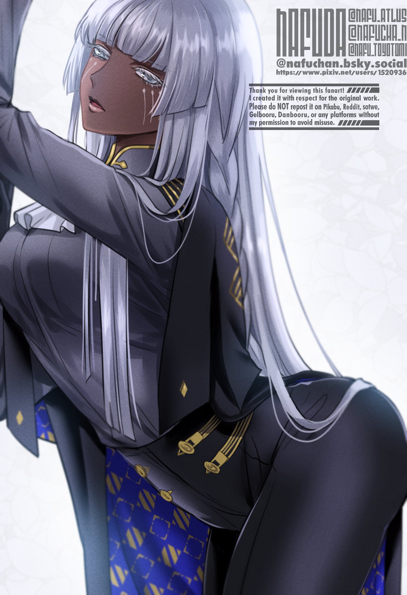 1girls, artist name, ascot, atlus, black pants, brigitta (metaphor: refantazio), brigitta lycaon, dark skin, dark-skinned female, eyelashes, female, female only, grey eyes, grey hair, high-waist pants, highres, leaning forward, long hair, looking at viewer, metaphor: refantazio, nafuda, open mouth, pants, solo, twitter username, very dark skin, watermark, white ascot, white background