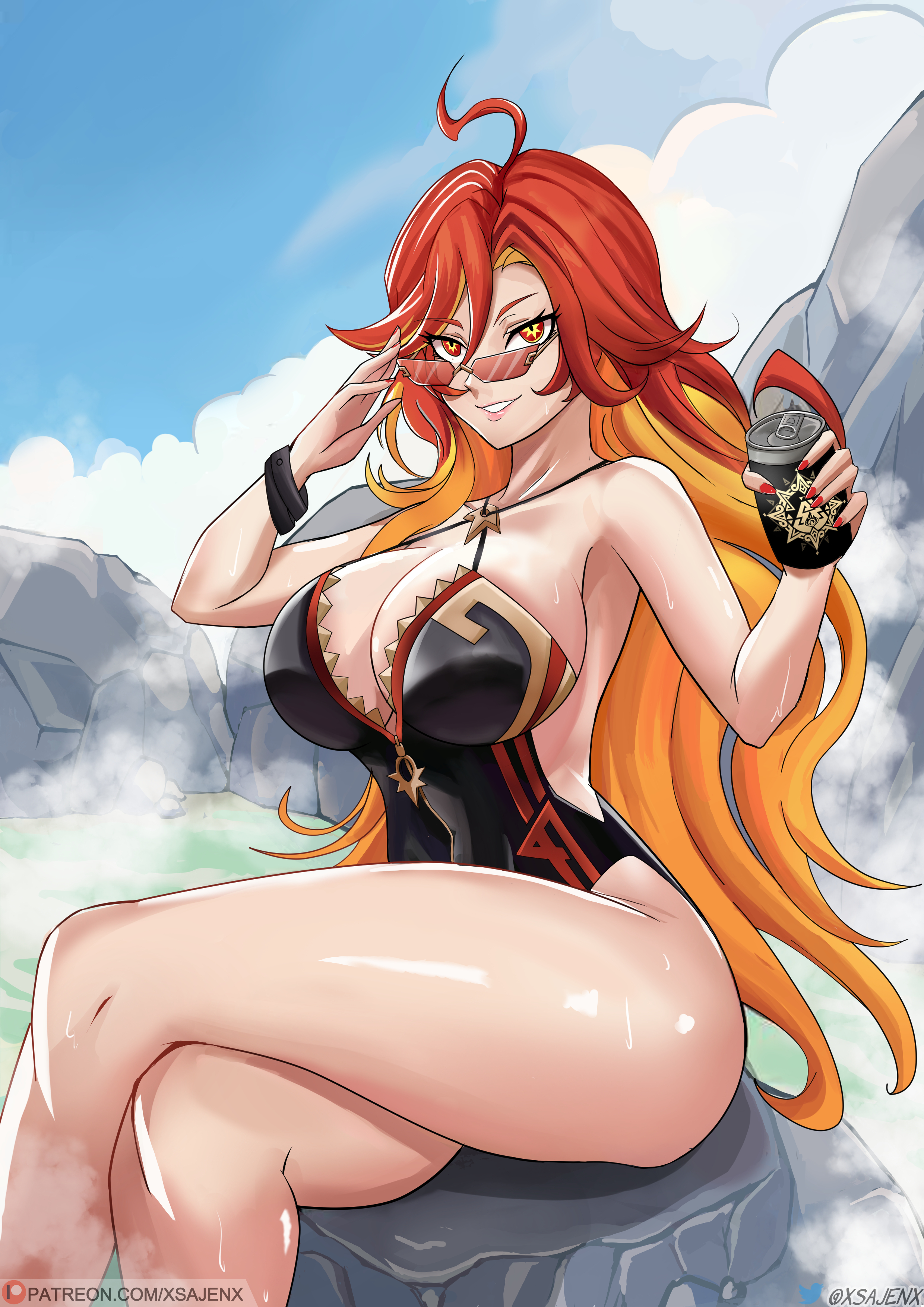 1girls, adjusting eyewear, big breasts, black swimsuit, breasts, cleavage, crossed legs, drink, eyewear, female, female only, genshin impact, goddess, holding drink, holding object, huge breasts, legs crossed, lips, long hair, looking over eyewear, looking over sunglasses, mature, mature female, mavuika (genshin impact), nail polish, nails, natlan girls, orange hair, red eyes, red hair, red nail polish, red nails, smile, solo, solo female, steam, sunglasses, sweat, sweatdrop, swimsuit, swimwear, thighs, tinted eyewear, two-tone hair, xsajenx