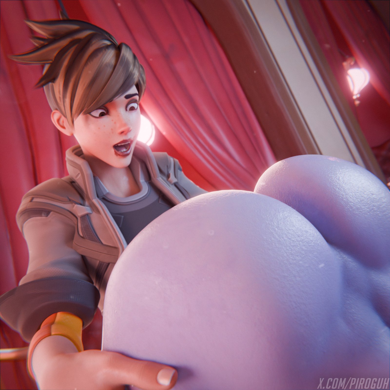 2girls, 3d, 3d (artwork), ass, ass awe, ass focus, ass grab, big ass, blizzard entertainment, colored skin, female, female focus, female only, freckles, freckles on face, huge ass, nyl widowmaker, overwatch, overwatch 2, piroguh, tracer, tracer (overwatch 2 suit), twitter link, watermark, widowmaker