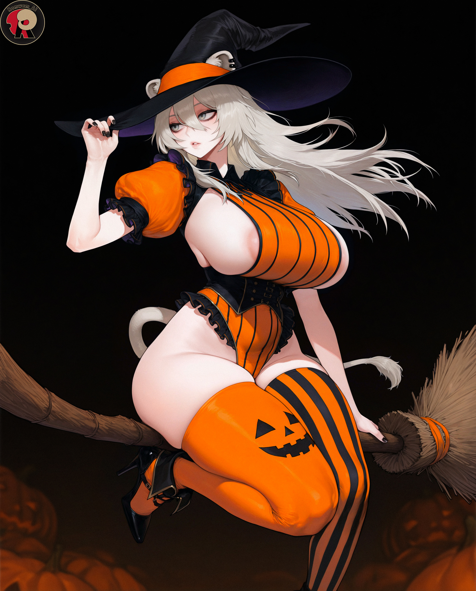 1girls, ai generated, big breasts, big thighs, breasts, broomstick, curvy, curvy body, curvy female, curvy figure, curvy hips, female, female focus, female only, flying, grey eyes, grey hair, halloween, halloween costume, huge breasts, large breasts, light skin, light-skinned female, long hair, nipples, only female, perfect body, ramwam, thighs, witch, witch costume, witch hat