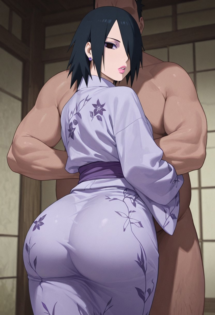 2boys, ai generated, amputated arm, amputation, amputee, ass bigger than head, before sex, blush, boruto: naruto next generations, bottom heavy, bubble ass, bubble butt, cheating, cheating husband, clothed female nude male, clothing, dark skin, dark-skinned dom, dark-skinned male, fat, fat male, female, femboy, femboy dilf, floral print, hair over one eye, height difference, huge ass, imminent sex, interracial, kimono, larger male, light skin, lipstick, lipstick mark, long hair, looking, looking back, makeup, male, mature, mature femboy, missing arm, naked, naked male, naruto, naruto (series), netorare, nipples, no visible genitalia, ntr, nude, nude male, overweight, overweight male, presenting, presenting ass, presenting hindquarters, sasuke uchiha, sasuko, short hair, shoulder length hair, size difference, standing, taller male, thick ass, transformation, voluptuous, voluptuous femboy