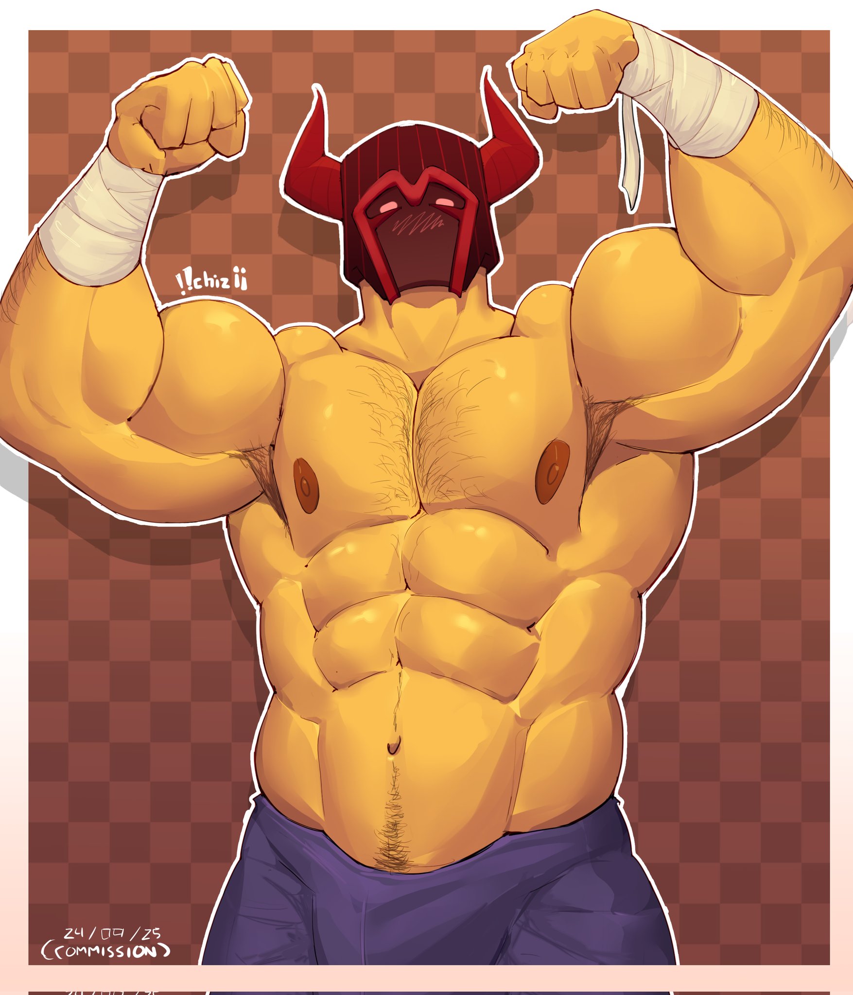 armpit hair, bara, chest hair, commission, hairy armpits, hairy chest, happy trail, male, mask, masked, muscular, muscular male, navel hair, nipples, pecs, pectorals, rebelliousmilk, roblox, robloxian, topless male, yaoi, yellow body, yellow skin