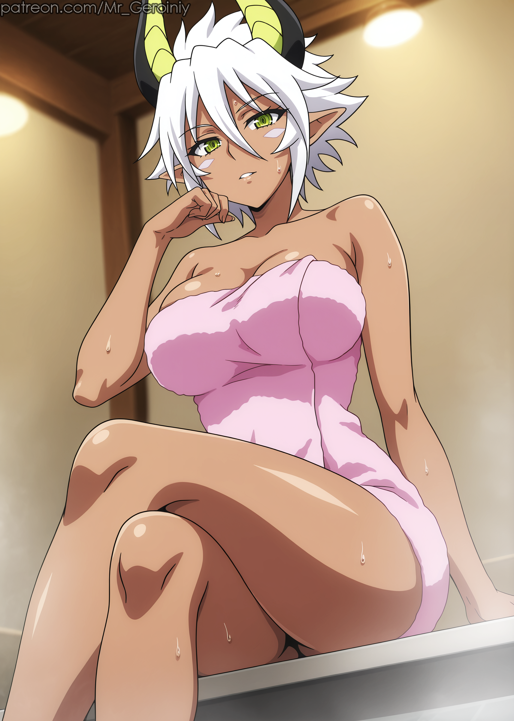 ai generated, blush, breasts, cleavage, collarbone, crossed legs, dark skin, dark-skinned female, demon horns, female, green eyes, horns, large breasts, looking at viewer, mr geroiniy, naked towel, pointy ears, shinmai maou no testament, short hair, sitting, solo, towel, wet, white hair, zest (shinmai maou no testament)