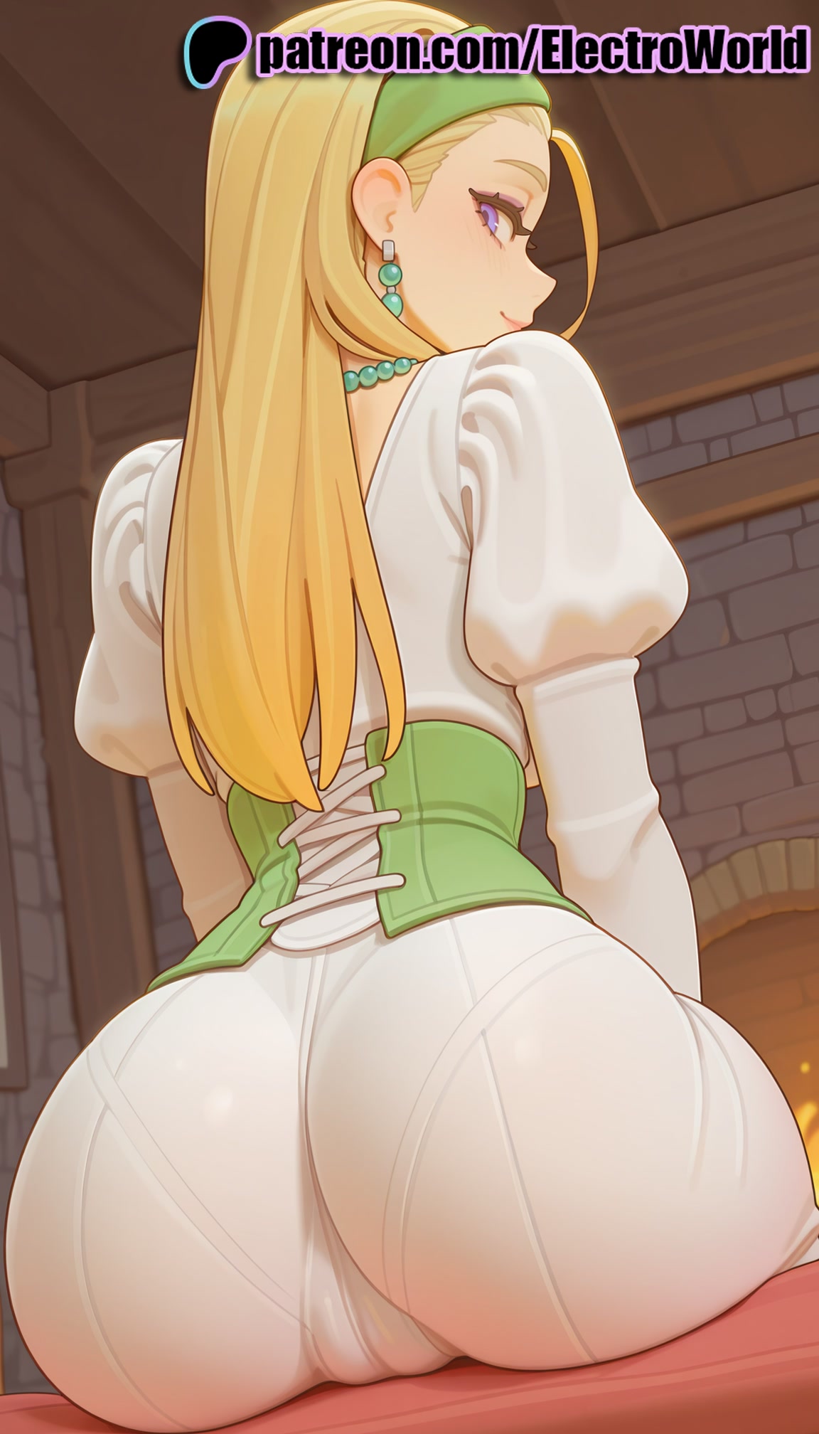 1girls, 2025, ai generated, artist name, ass, blonde hair, bookshelf, brick wall, dragon quest, dragon quest xi, earrings, electroworld, female, hi res, high quality, high resolution, highres, jewelry, long hair, looking back, pantyhose, patreon, patreon username, purple eyes, serena (dq11), sitting, solo, stable diffusion, watermark