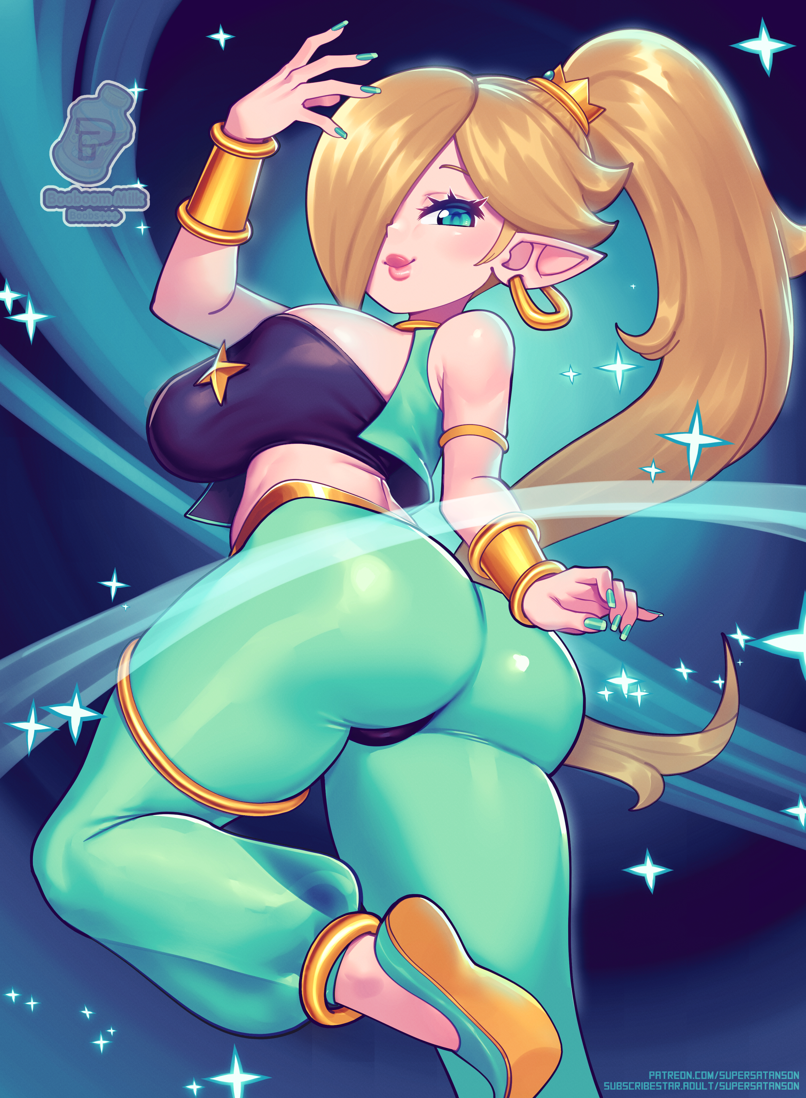 1girls, alternate version available, arm strap, armwear, ass, big ass, big breasts, blonde hair, blue eyes, blue nail polish, blue nails, blue pants, bottomwear, breasts, cosplay, crossover cosplay, detached sleeves, ear piercing, earrings, female, female only, footwear, hair, hair over one eye, hoop earrings, huge breasts, lips, mario (series), nail polish, nails, nintendo, pants, parted lips, pointy ears, ponytail, princess rosalina, sandals, shantae, shantae (cosplay), smile, solo, solo female, sparkles, supersatanson, thick lips, thigh strap, tied hair, topwear, tubetop