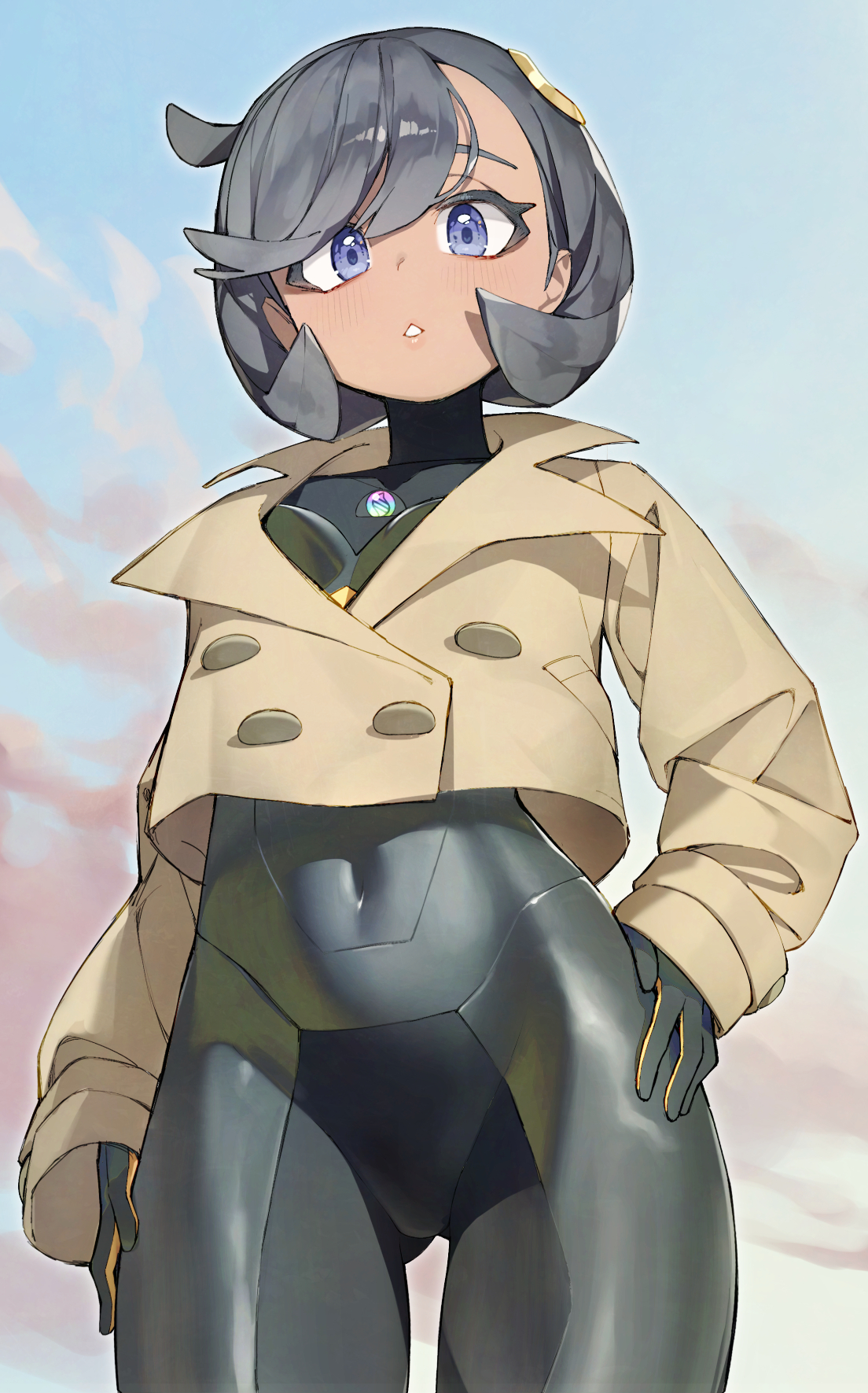 black bodysuit, black hair, blue eyes, blush, bodysuit, bodysuit under clothes, breasts, coat, covered navel, dark skin, dark-skinned female, emma (pokemon legends: z-a), emma (pokemon), female, female only, game freak, gloves, gluteal fold, highres, human, human only, jacket, looking at viewer, matiere (pokemon legends: z-a), matiere (pokemon), mega stone, nintendo, open mouth, parted lips, pokemon, pokemon legends: z-a, rindoriko, short black hair, short hair, simple background, solo, teeth, tight clothing, tomboyish