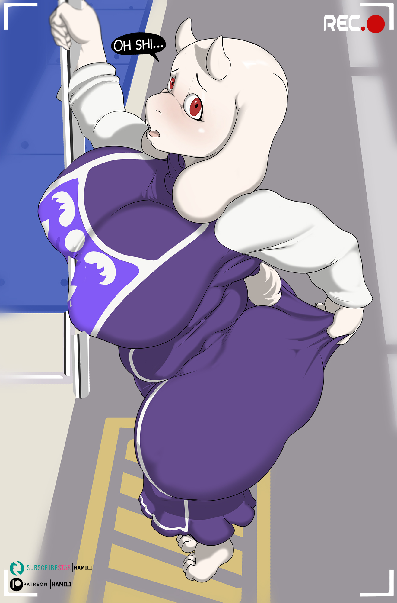 1girls, adjusting clothes, alternate version available, animal ears, animal tail, anthro, ara ara, big breasts, breasts, clothing, dress, english, english text, female, female focus, female only, full body, hamili, horns, huge breasts, mature, mature female, mature woman, milf, mother, purple dress, recording, red eyes, speech bubble, tail, text, toriel, undertale, white body, white skin