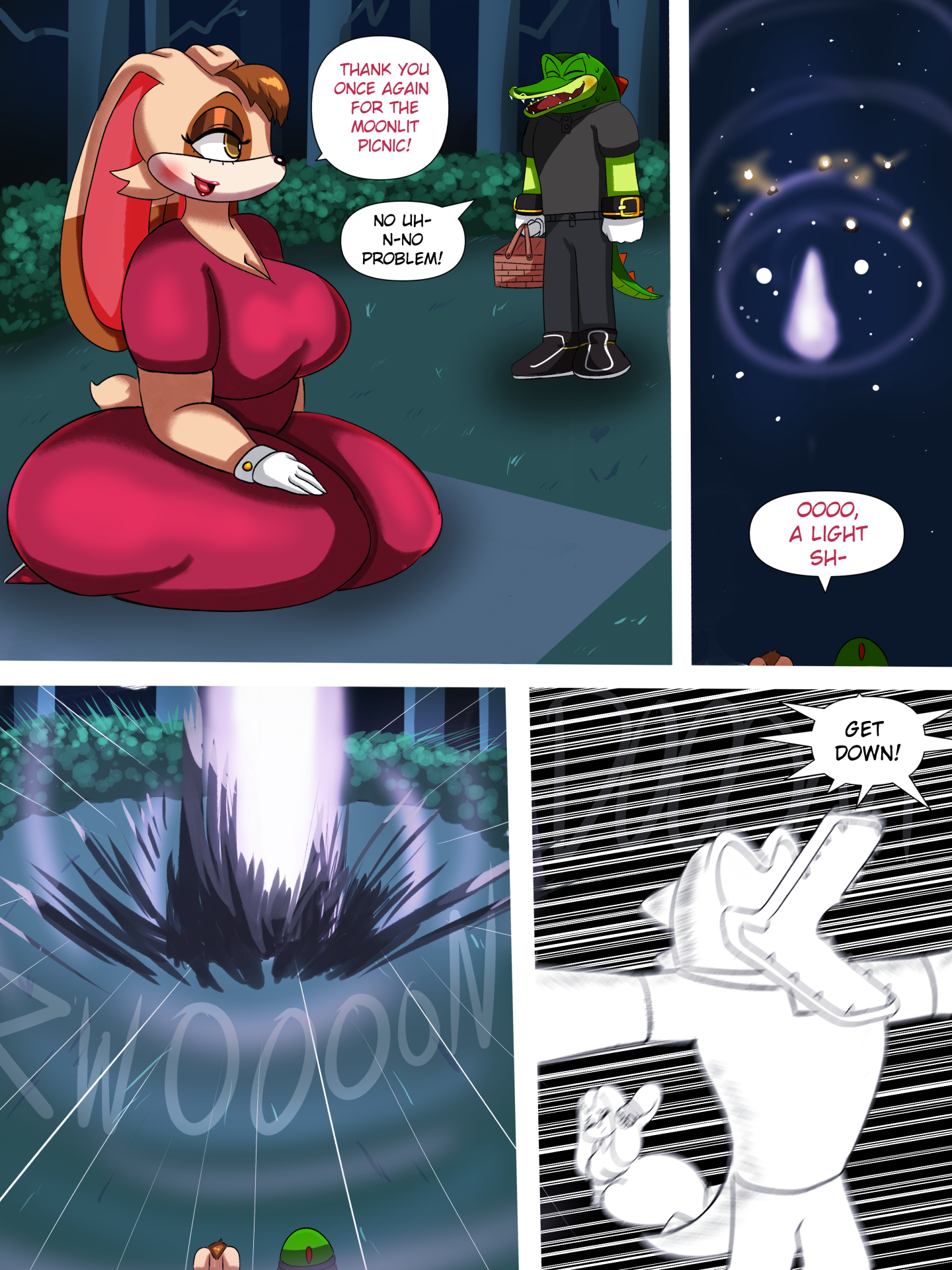 1boy, 1girls, anthro, ass, big ass, big breasts, breasts, clothing, crocodilian, dialogue, female, furry, furry only, lagomorph, mackdazzle, male, milf, mother, png, rabbit, sonic (series), sonic the hedgehog (series), text, thick thighs, thunder thighs, vanilla the rabbit, vector the crocodile, wide hips