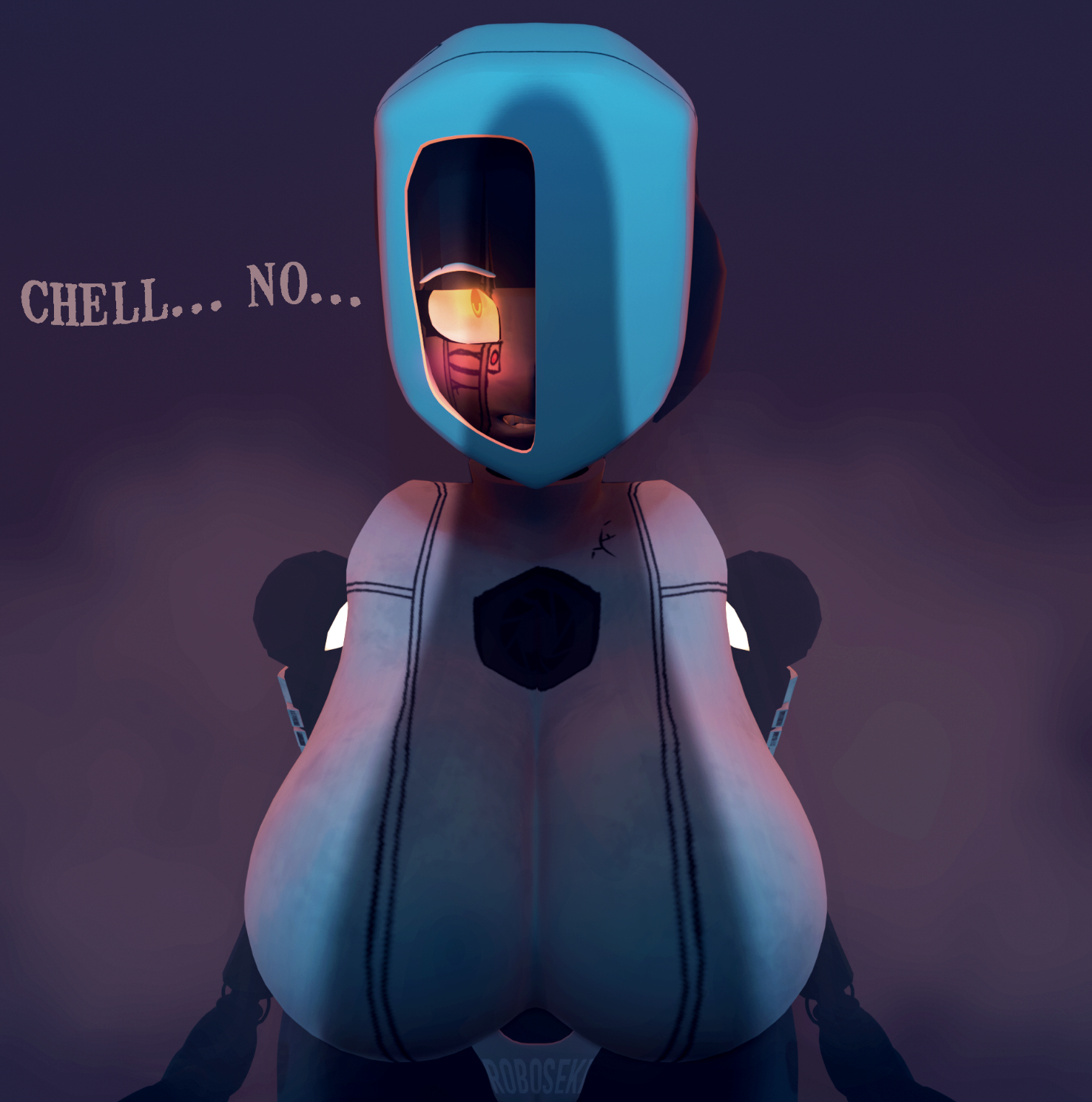 3d, about to be raped, breasts, chell, female, futanari, glados, glados (humanoid), implied futa, intersex, large breasts, portal (series), roboseki, robot, robot girl, robot humanoid, shadow, speech bubble, tagme