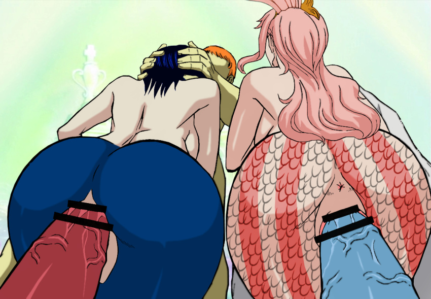 2girls 3boys anus ass back big_ass censored faceless_male fellatio female female_focus fish_girl fish_tail fishman huge_ass large_ass madame_shyarly male mermaid mermaid_ass mermaid_girl mermaid_tail monster monster_girl multiple_boys multiple_girls murata one_piece penis sex shirahoshi wide_hips