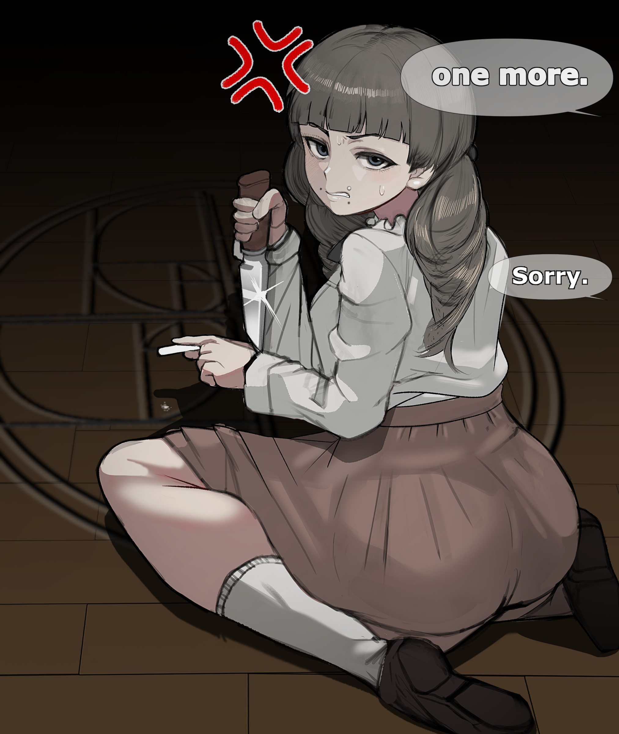 big ass, blunt bangs, brown hair, dickgirl, dickgirl only, english text, fear and hunger, fear and hunger: termina, full body, fully clothed, huge ass, knife, lip piercing, long hair, looking at viewer, looking back, marina (fear and hunger), minami no uoza, monroe piercing, offscreen character, sitting, snakebite piercing, solo, sweat, twintails, wariza, weapon, wide hips