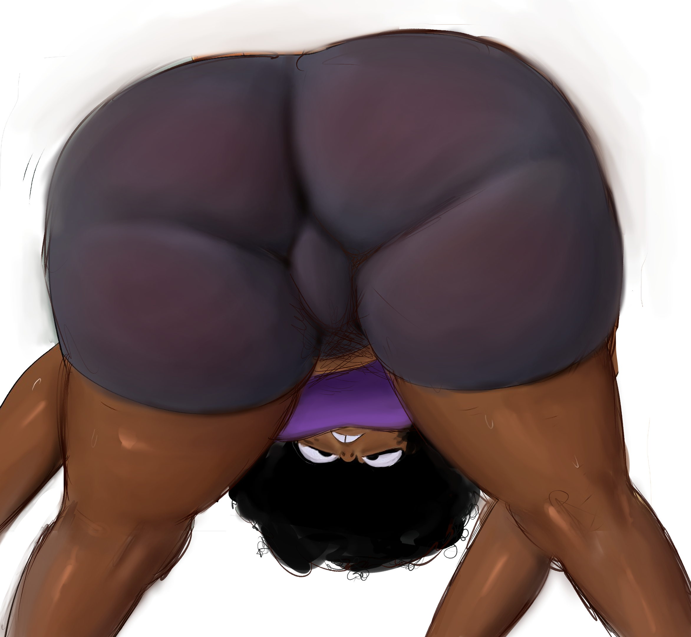 african female, afro, ass focus, ass up, barrybbeesly, black hair, breasts, cleavage, dark skin, dark-skinned female, female, flexible, legs apart, legs spread, looking down, melissa (barrybbeesly), shorts, stretching, thick ass, thick thighs, thighs, white background