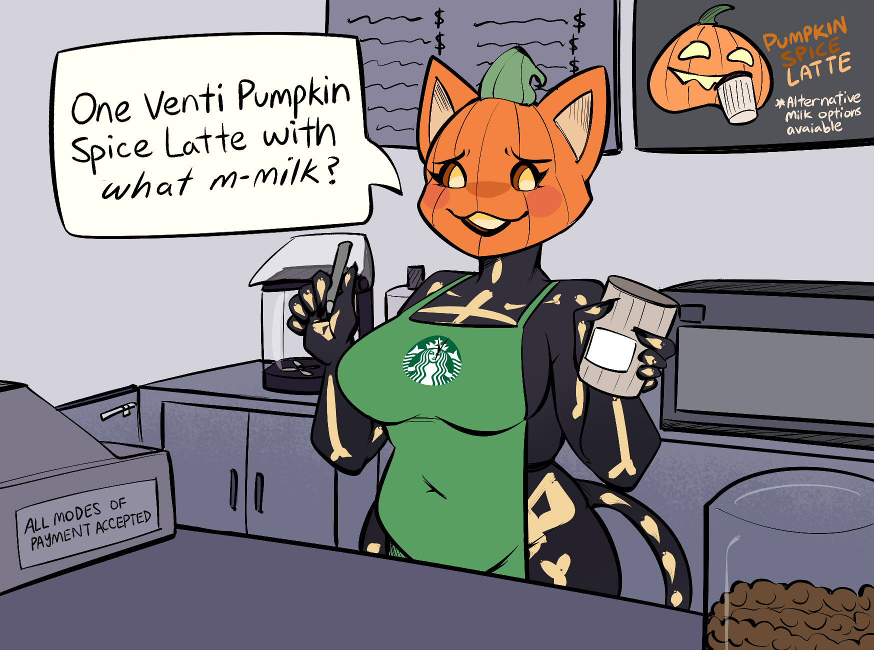1girls, 2025, 2d, apron, barista, big breasts, blush, breasts, cat ears, cat tail, english text, feline, female, female only, fortnite, fortnite: battle royale, furry, jack-o'-lantern, looking at viewer, pumpkin head, solo, spice (fortnite), starbucks, text, thick thighs, thighs, zevulpes