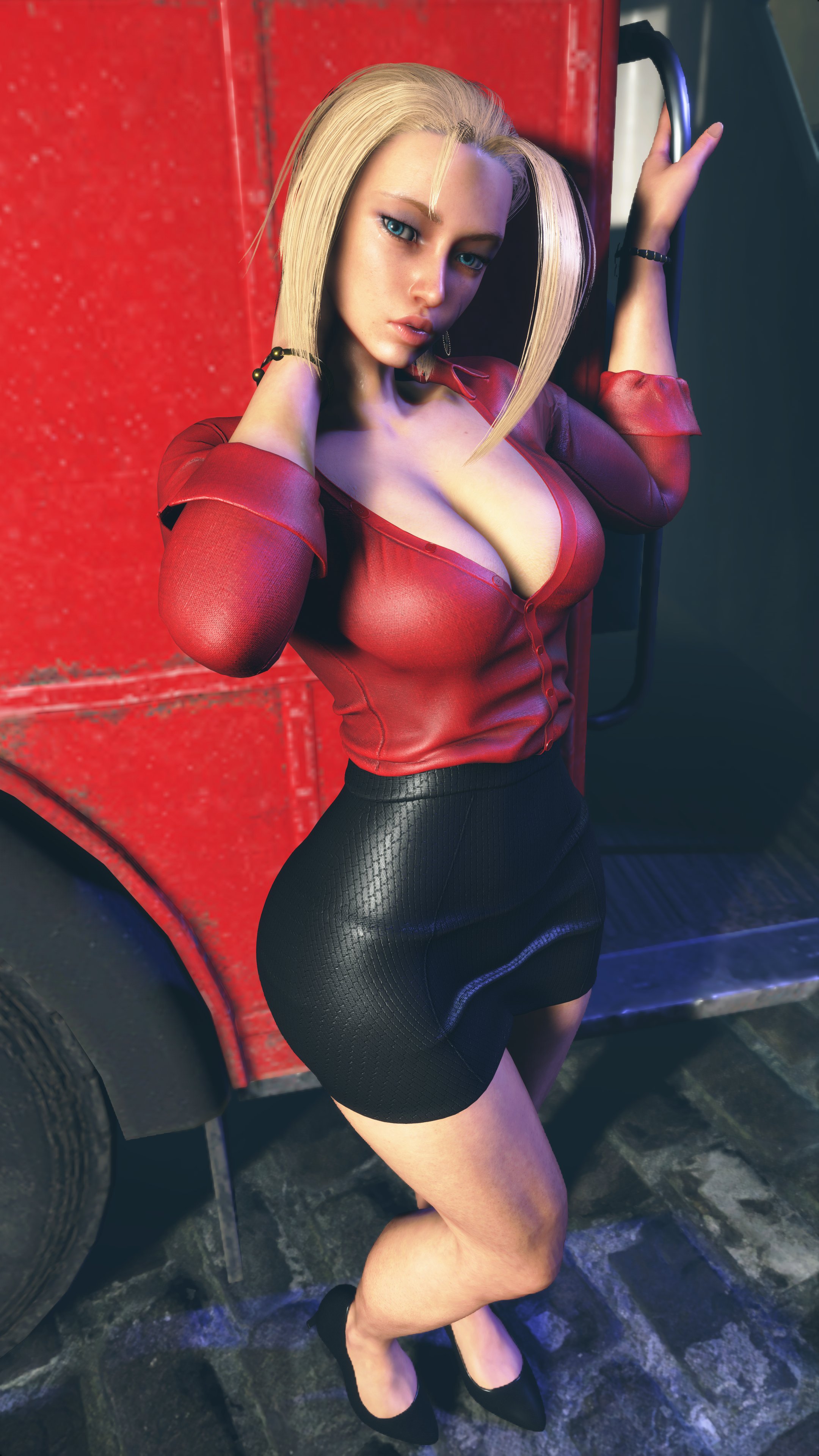 3d, athletic, athletic female, blonde hair, busty, cammy white, capcom, cleavage, female, female focus, female only, hourglass figure, miniskirt, nsnaps16027, office lady, pinup, pinup pose, secretary, shirt, skirt, street fighter, street fighter 6, tagme, wide hips