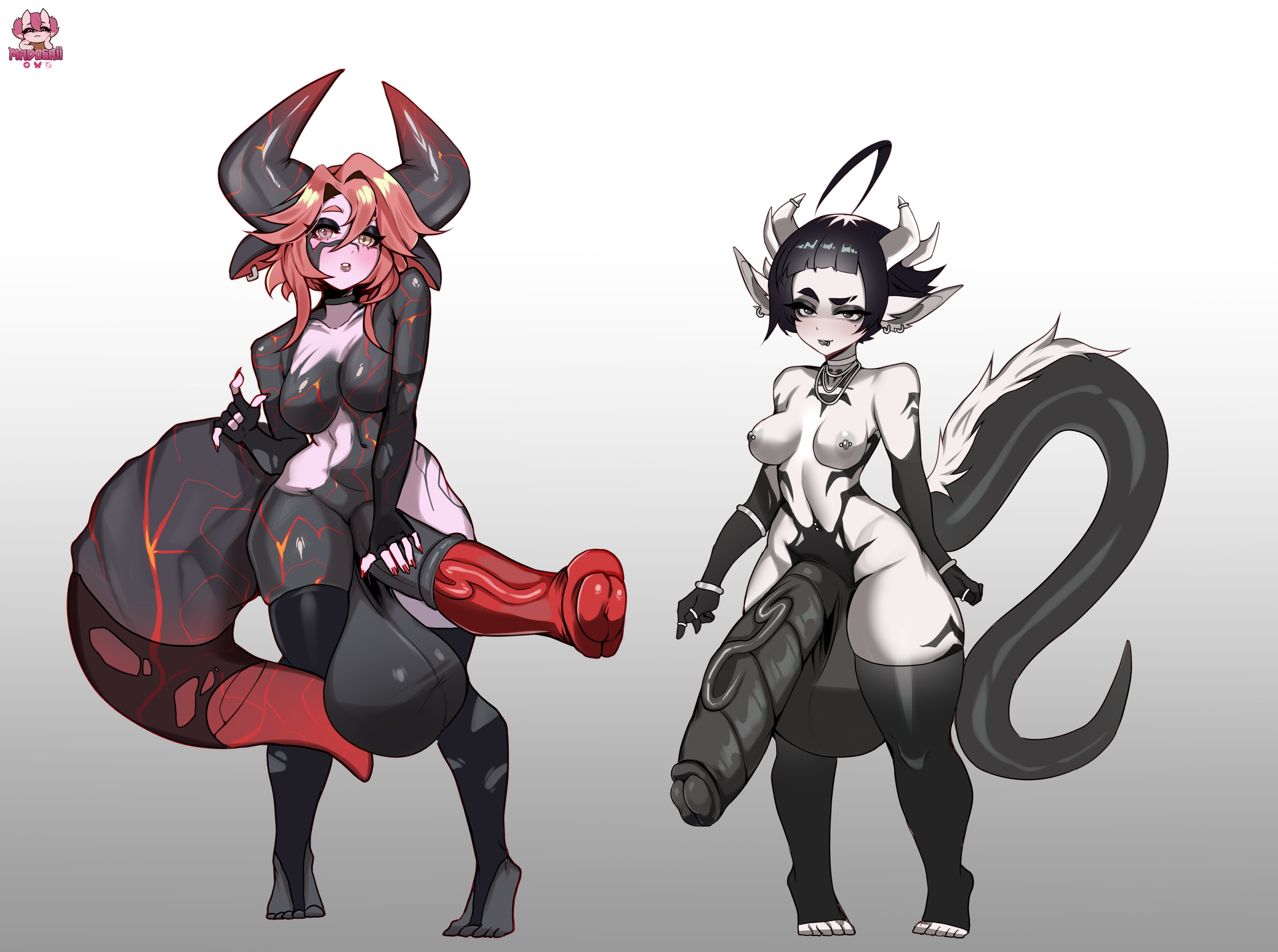 2futas, animal genitalia, barbed penis, female, futanari, horsecock, intersex, madoshii, monster girl, nipple piercing, penis
