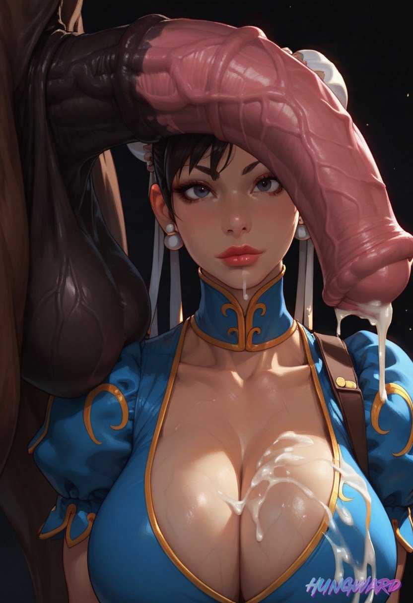 ai assisted, ai generated, chun-li, covered in cum, ejaculation, female, horsecock, hungward, looking at viewer, street fighter
