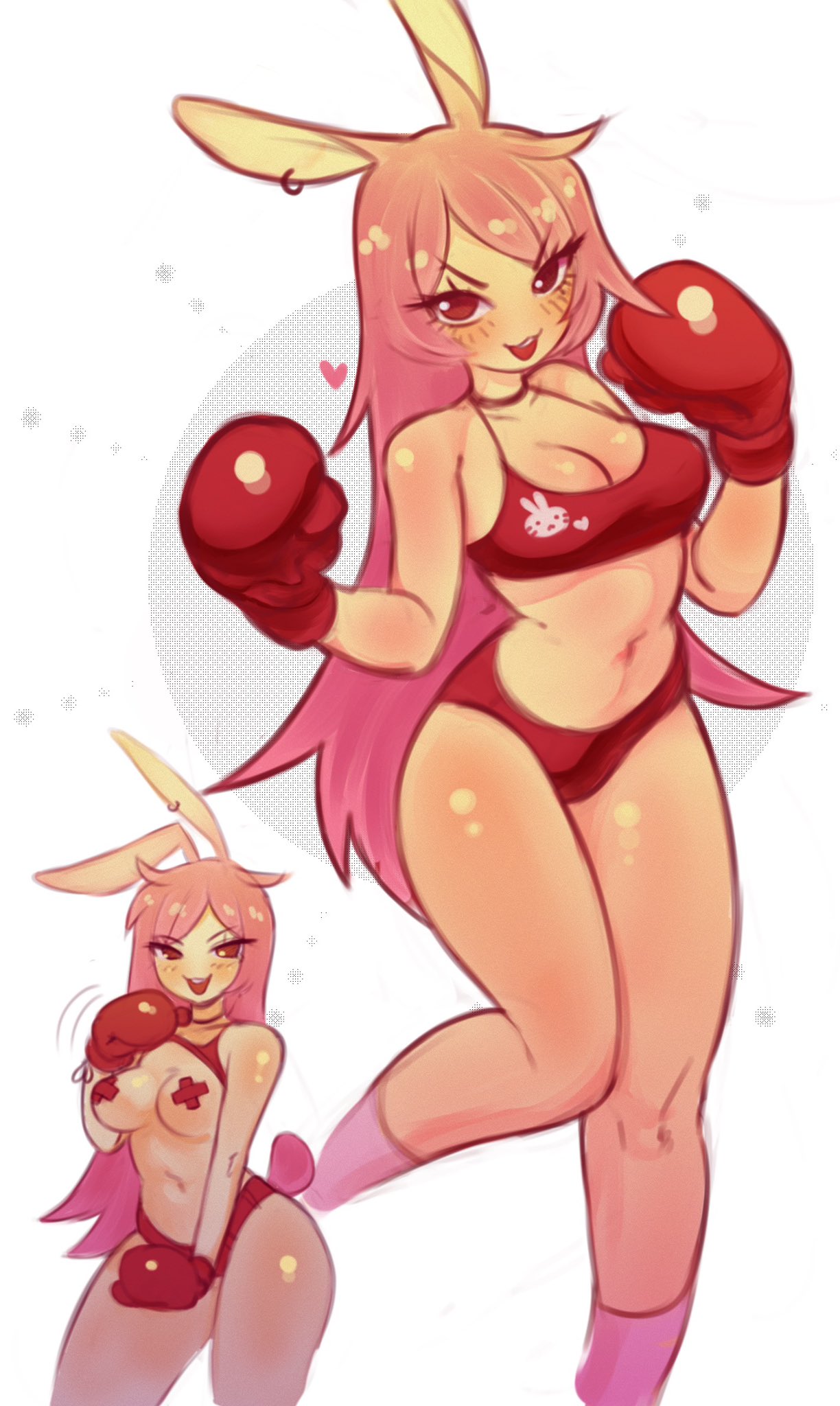 1girls, 2021, anthro, boxing gloves, bra, breasts, female, female only, gloves, long hair, mochabaebae, mocobandit, original, panties, pink hair, rabbit girl, red boxing gloves, red eyes, red gloves, showing breasts, solo, sports bikini, sports bra, sports panties, tagme, tebu (mocobandit)