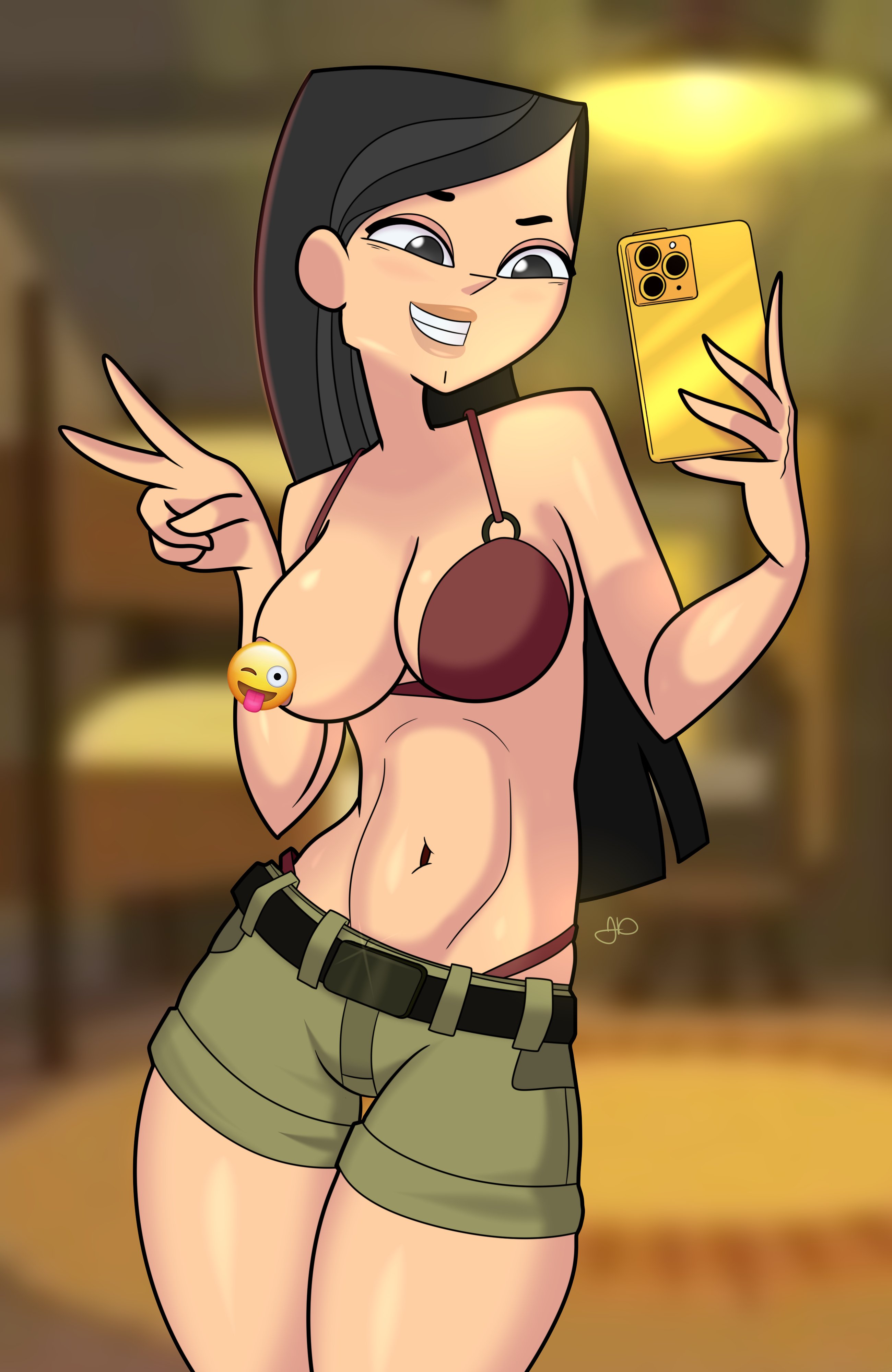 2d, bare midriff, big breasts, black eyes, black hair, breasts, breasts out, busty, female, female focus, female only, g-string, g-string exposed, heather (tdi), hourglass figure, jumpdriiver, long hair, navel, selfie, short shorts, shorts, tagme, thong, thong straps, total drama island, v, v sign, wide hips