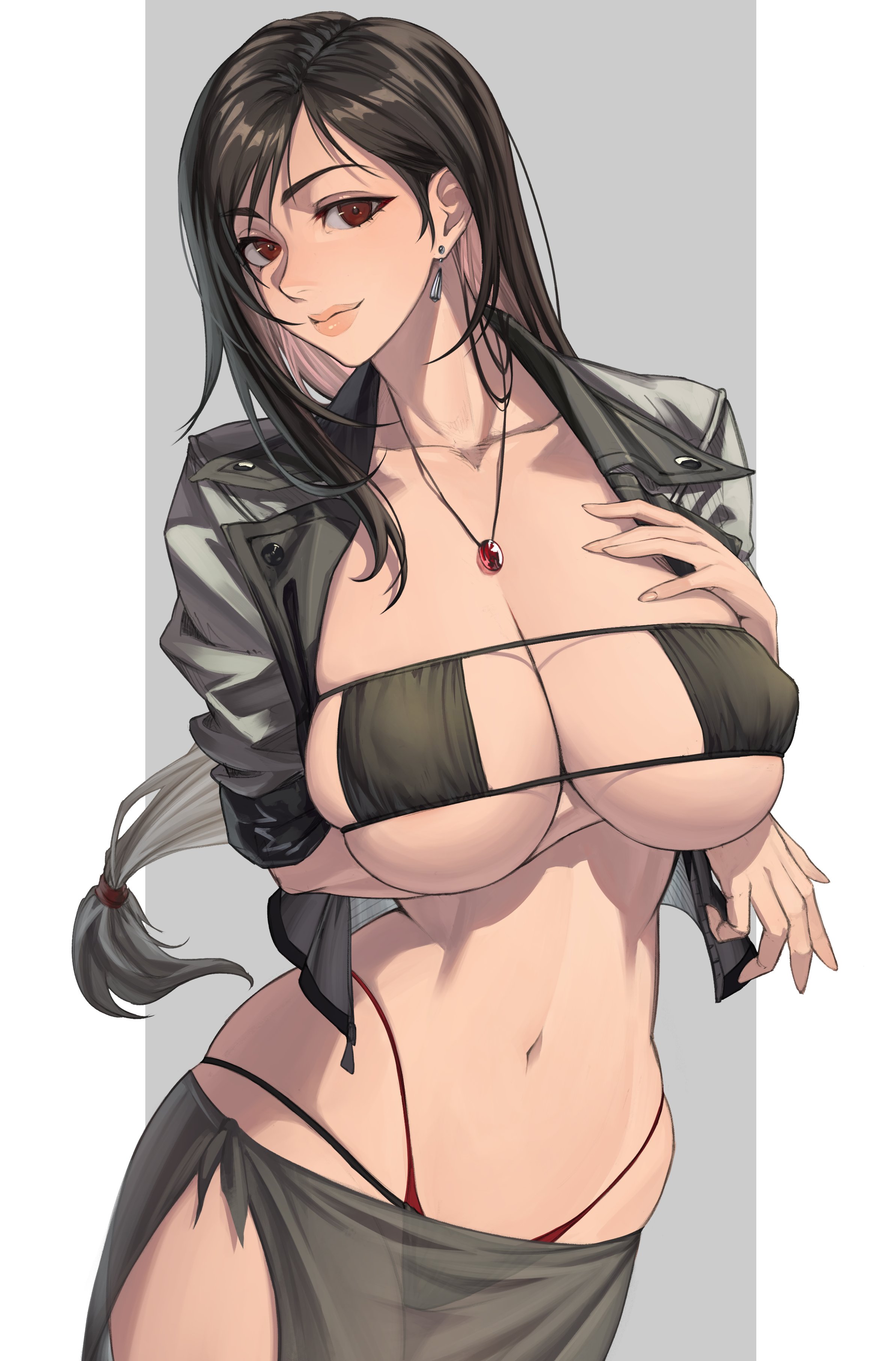 1girls, big breasts, black body, black lingerie, breasts, exposed breasts, female, final fantasy, final fantasy vii, fit female, full lips, hourglass figure, huge breasts, human, human female, large breasts, light-skinned female, lingerie, long hair, navel, red eyes, slim waist, solo, temoc, tifa lockhart, very long hair, wide hips