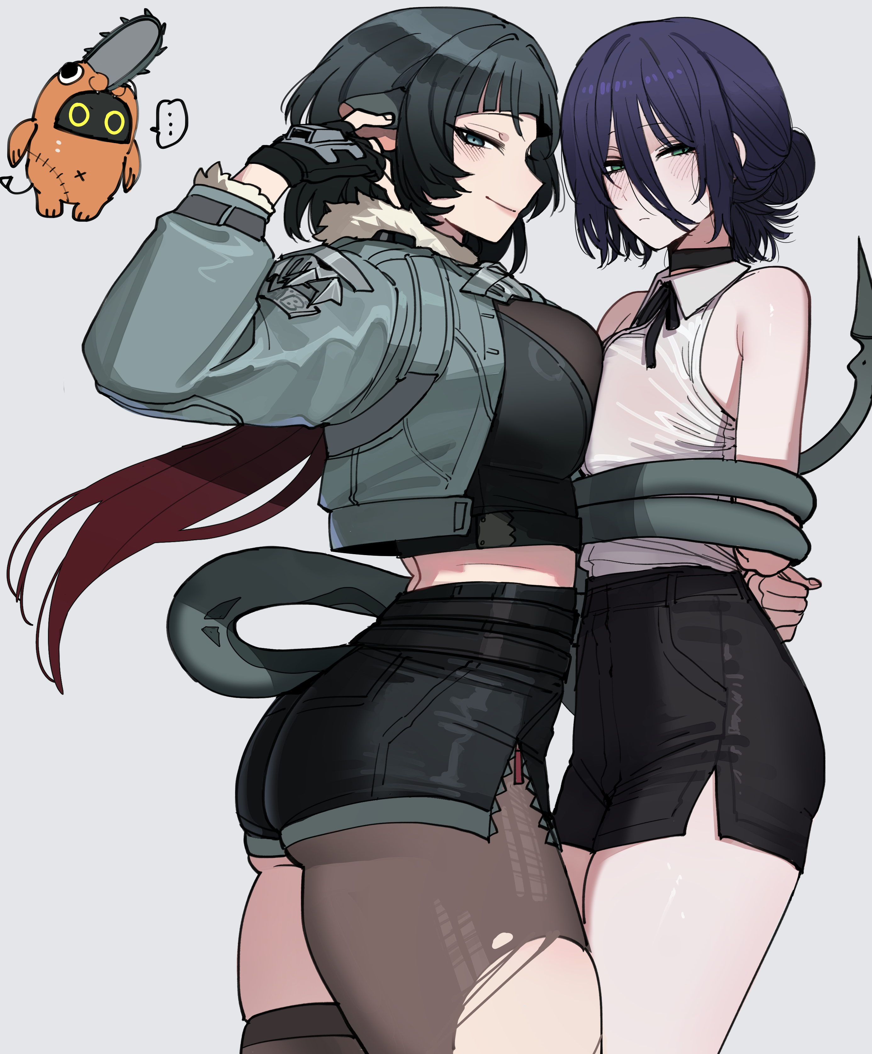 2girls, absurdres, animal ears, ass, ass focus, bangboo (zenless zone zero), big ass, black hair, black shorts, blush, blushing, breast press, breasts, chainsaw man, clothed, clothing, cosplay, crossover, embarrassed, female, female only, green eyes, high-waist shorts, highres, jane doe (zenless zone zero), long tail, medium breasts, mouse ears, mouse girl, mouse tail, multiple females, multiple girls, nervous, pantyhose, pochita (chainsaw man), pochita (chainsaw man) (cosplay), purple hair, ratatatat74, restrained, reze (chainsaw man), sharp tail, short hair, shorts, shy, single leg pantyhose, single thighhigh, standing, tail, tail wrap, thick, thick ass, thick thighs, thighhighs, thighs, torn clothes, torn pantyhose, trapped, white background, wide hips, yuri, zenless zone zero