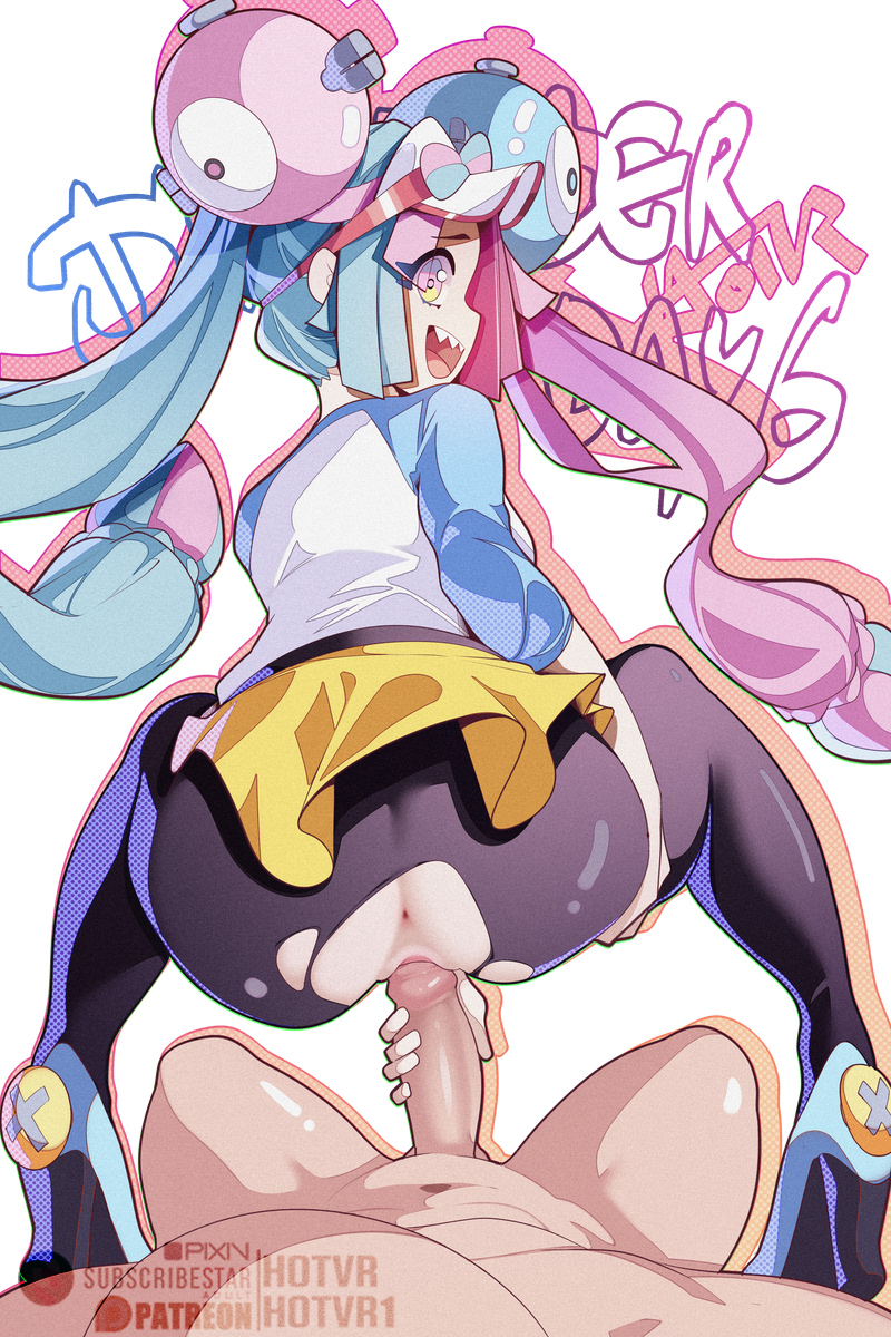 :d, 1boy, 1girls, anus, ass, blue hair, clothed female nude male, clothes lift, cosplay, female, from behind, game freak, gradient eyes, hair ornament, highres, hotvr, imminent penetration, imminent vaginal, iono (pokemon), large penis, leggings, long hair, looking back, male, multicolored eyes, multicolored hair, nintendo, nude, open mouth, penis, pink eyes, pink hair, pink-haired female, pokemon, pokemon bw2, pokemon sv, purple hair, pussy, raglan sleeves, rosa (pokemon), rosa (pokemon) (cosplay), sex, sharp teeth, skirt, skirt lift, smile, split-color hair, straight, teeth, torn clothes, torn leggings, twintails, uncensored, very long hair, visor cap, yellow eyes