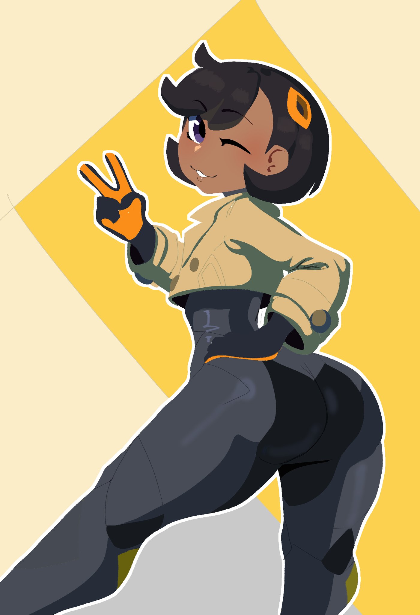 1girls, big ass, black bodysuit, black hair, bodysuit, bodysuit under clothes, brown jacket, dark skin, dark-skinned female, dumbwitchyy, emma (pokemon legends: z-a), emma (pokemon), female, female only, game freak, hair ornament, highres, human, human only, jacket, looking at viewer, matiere (pokemon legends: z-a), matiere (pokemon), nintendo, pokemon, pokemon legends: z-a, purple eyes, shiny clothes, short black hair, skin tight, smile, solo, standing, tomboyish