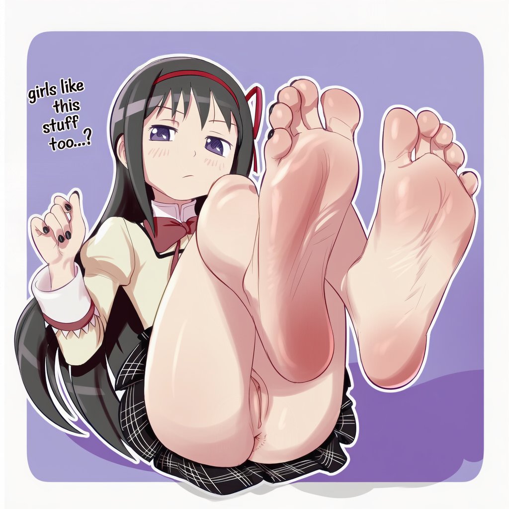 ai assisted, ai generated, akemi homura, anus, black hair, black nail polish, english text, feet, feet fetish, feet up, female, female only, foot focus, kokenaart, light skin, looking at viewer, mahou shoujo madoka magica, no panties, painted nails, painted toenails, puella magi madoka magica, purple eyes, pussy, upskirt