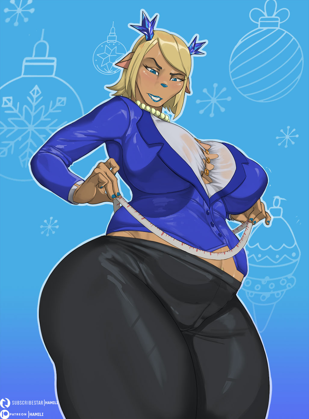 1girls, alternate version available, big breasts, black pants, blonde hair, blue eyes, blue lips, blue lipstick, blue nail polish, blue nails, blue shirt, bottomwear, breasts, carol holiday, clothing, deer, deer girl, deltarune, female, female only, hair, hamili, hips, holding object, horns, huge breasts, lips, lipstick, mature, mature female, mature woman, measuring tape, milf, mother, nail polish, nails, necklace, neckwear, pants, pearl necklace, shirt, solo, solo female, thighs, topwear, undertale (series)