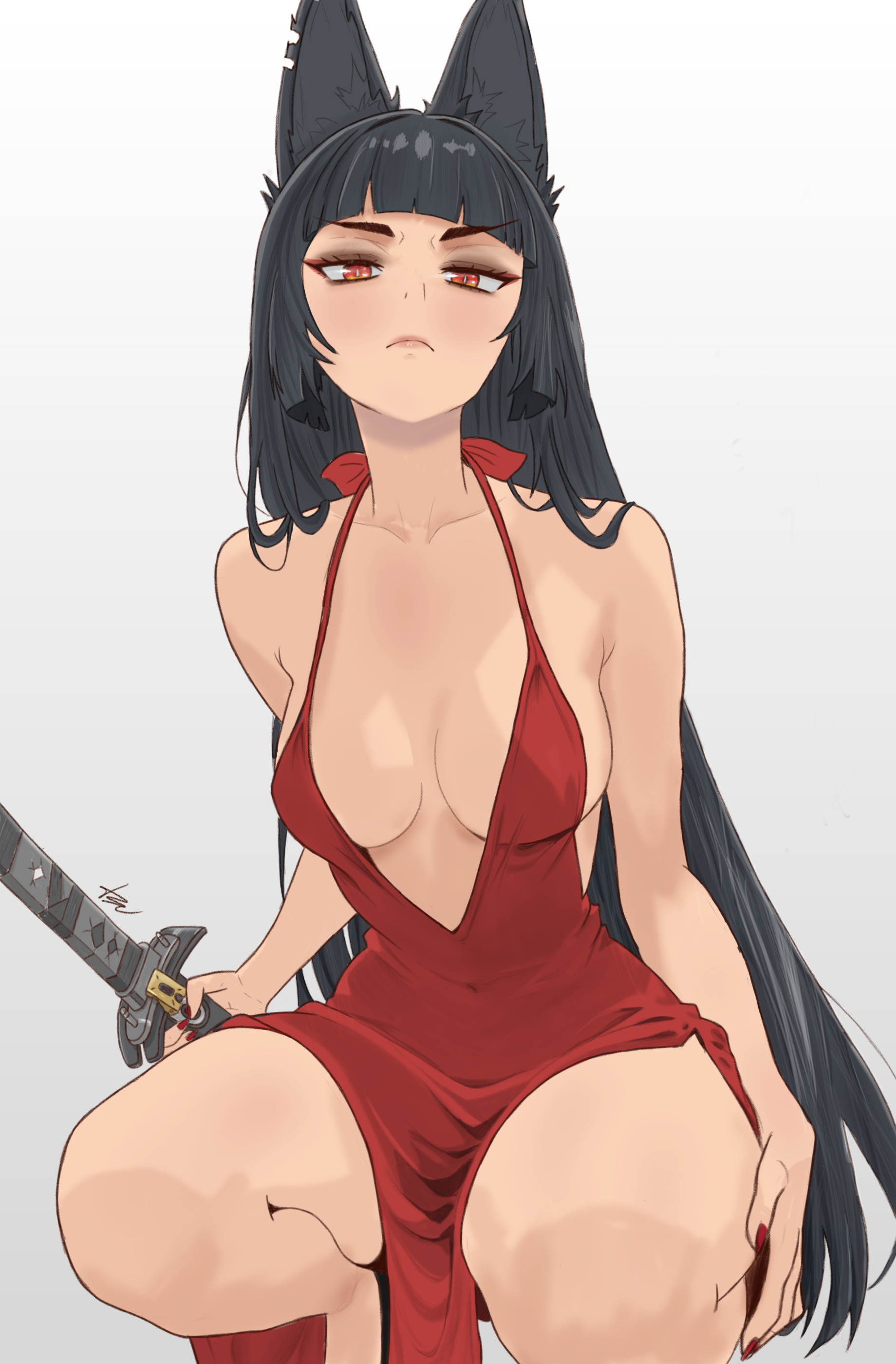 1girls, big breasts, big thighs, breasts, female, oc, red dress, shirt, sitting, sword, thick butt, thick hips, thick legs, tsuicaa