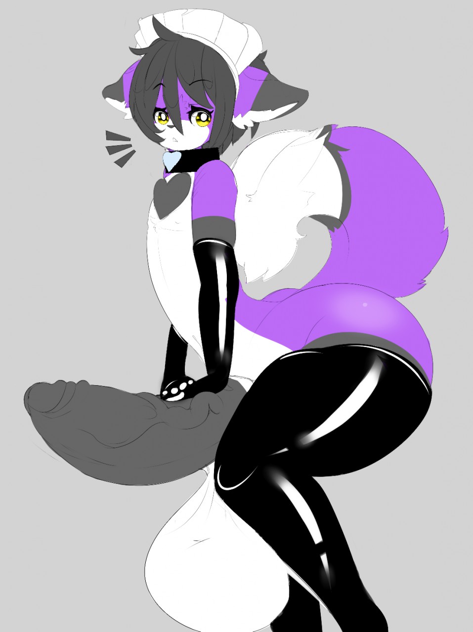 anthro armwear ass balls big_balls big_butt big_penis canine clothed clothing collar elbow_gloves fox fur girly gloves heart heart_marking huge_balls huge_cock hyper hyper_balls hyper_penis legwear looking_at_viewer maid_uniform male mammal markings partially_clothed penis purple_fur quote_(quotefox) quotefox rubber solo thigh_highs uniform white_fur yellow_eyes