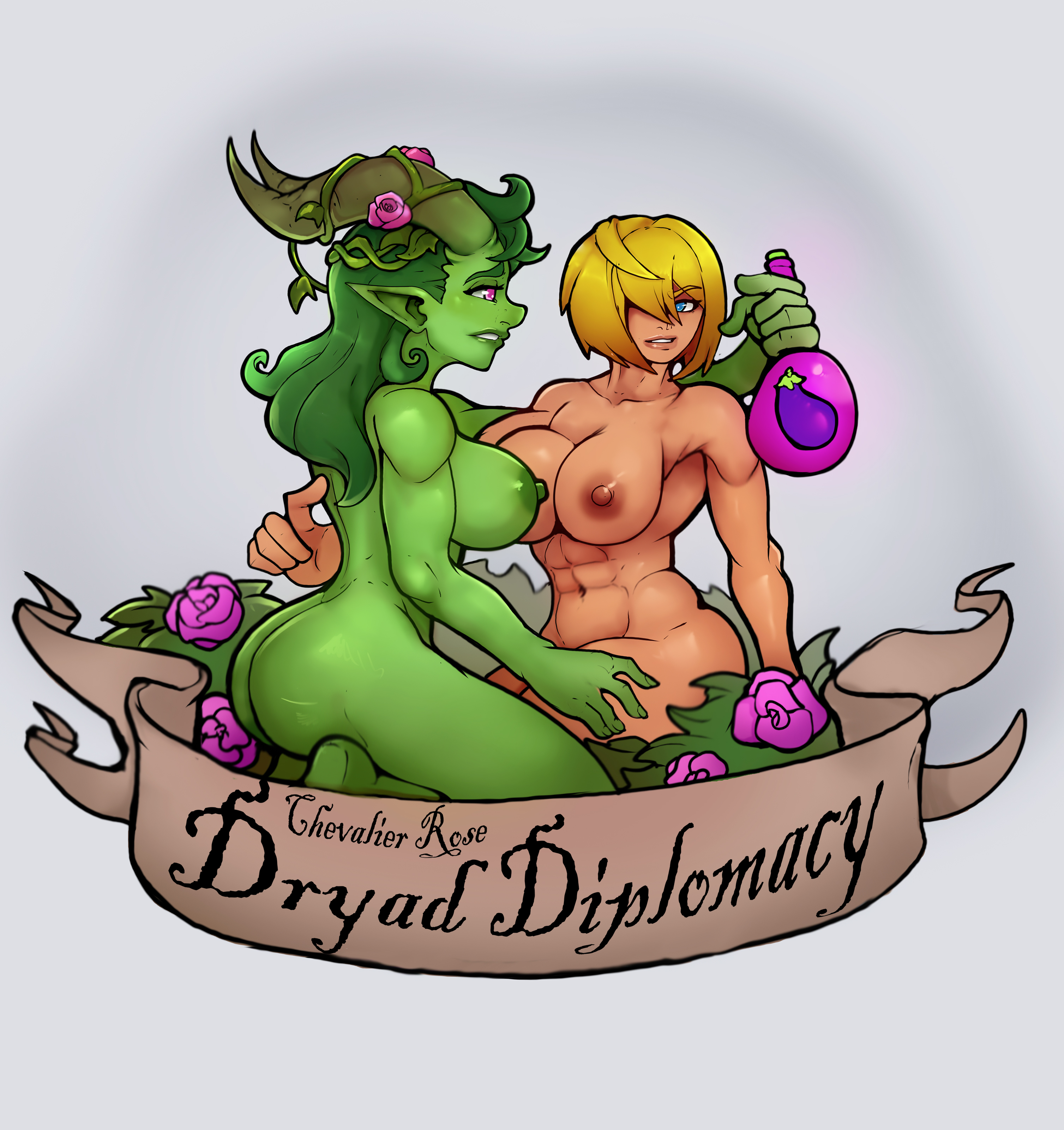 blonde female, blonde hair, book cover, brown hair, chevalier, diplomacyraptor, diplomacyraptor oc, drugs, dryad, female, futanari, green skin, horns, intersex, markydaysaid, military uniform, pathfinder, pathfinder (oc), potion, ringwaldt, rose ringwaldt