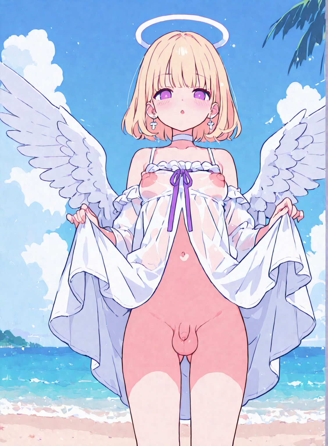 1boy, ai generated, angel wings, balls, beach, clothes lift, dress, female, flaccid, halo, lifted by self, looking at viewer, male, male focus, milf, navel, nipples, op99, otoko no ko, outdoors, penis, small penis, solo, testicles, wings