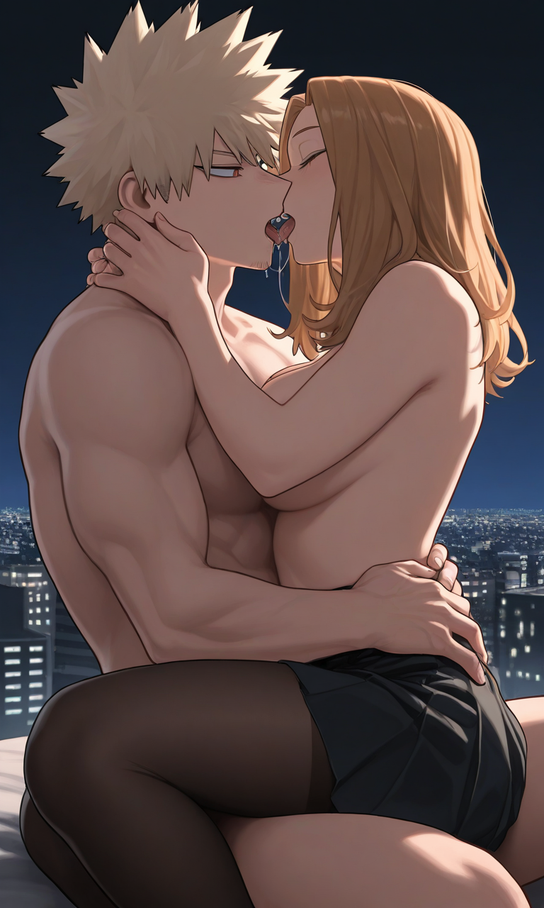 1boy, 1girls, ai generated, ass grab, bakugou katsuki, blonde hair, blonde-haired female, blonde-haired male, boku no hero academia, camie utsushimi, city, closed eyes, clothed, clothing, cowgirl position, female, french kiss, katsuki bakugou, kissing, lingerie, long hair, male, muscles, muscular, muscular male, my hero academia, night, night sky, penis, pixai, pleated skirt, romantic, saliva, saliva drip, saliva trail, sex, sitting, sitting on another, sitting on lap, sitting on penis, sitting on person, skirt, stockings