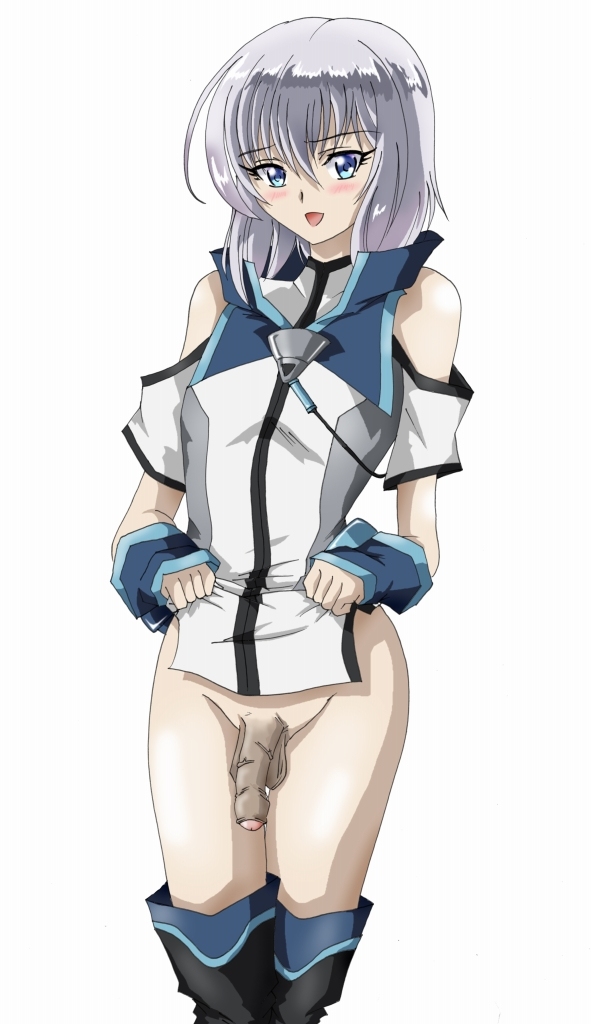 1boy androgynous artist_request balls blue_eyes blush bottomless ernesti_echevalier femboy fingerless_gloves girly gloves knight's_and_magic male male_only penis short_hair silver_hair simple_background smile solo testicles trap uncensored white_background