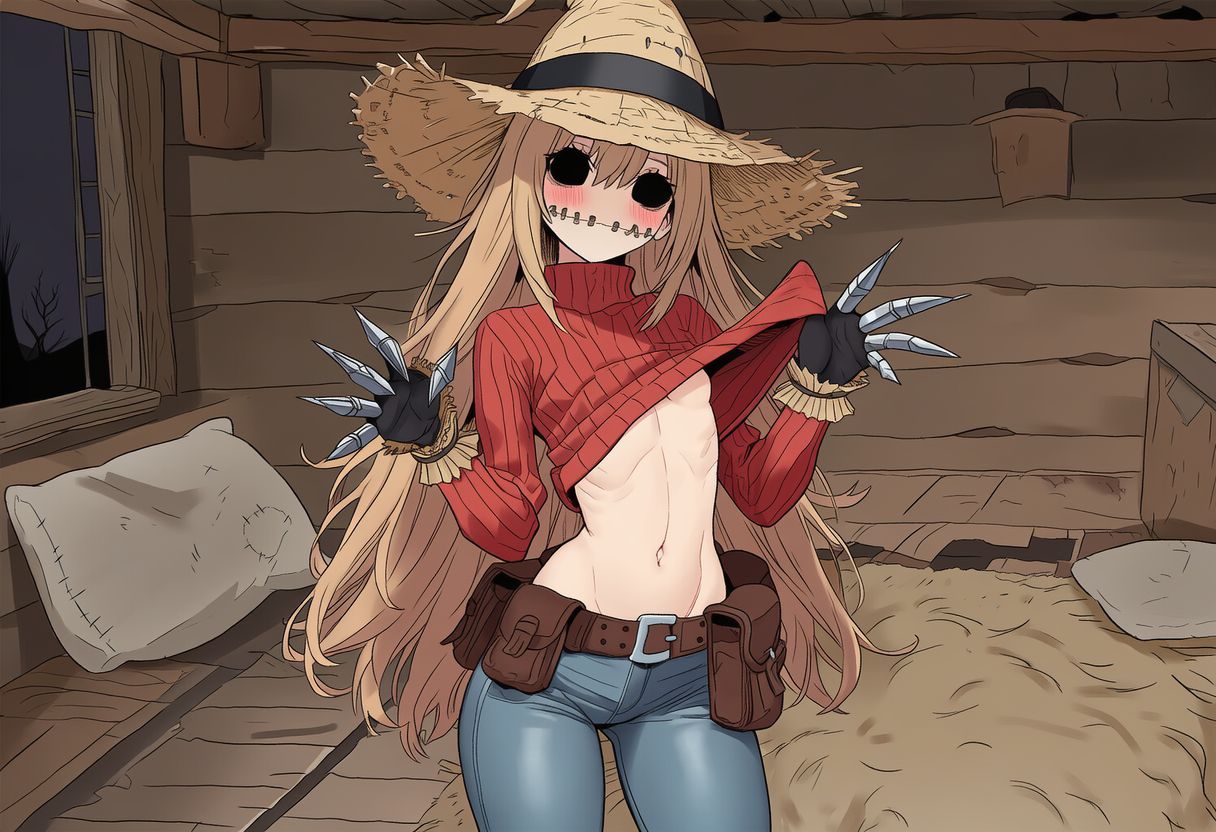 1girls, ai generated, belt, breasts, claws, clothed, female, flat chest, gloves, hat, hollow eyes, horror, horror (theme), kaela (paigen), lifting shirt, light brown hair, long hair, looking at viewer, metal claws, monster girl, no eyes, original, original character, paigen, pants, ribbed sweater, scarecrow, scarecrow girl, skinny, stitched mouth, stitches, straw hat, sweater, underboob, utility belt