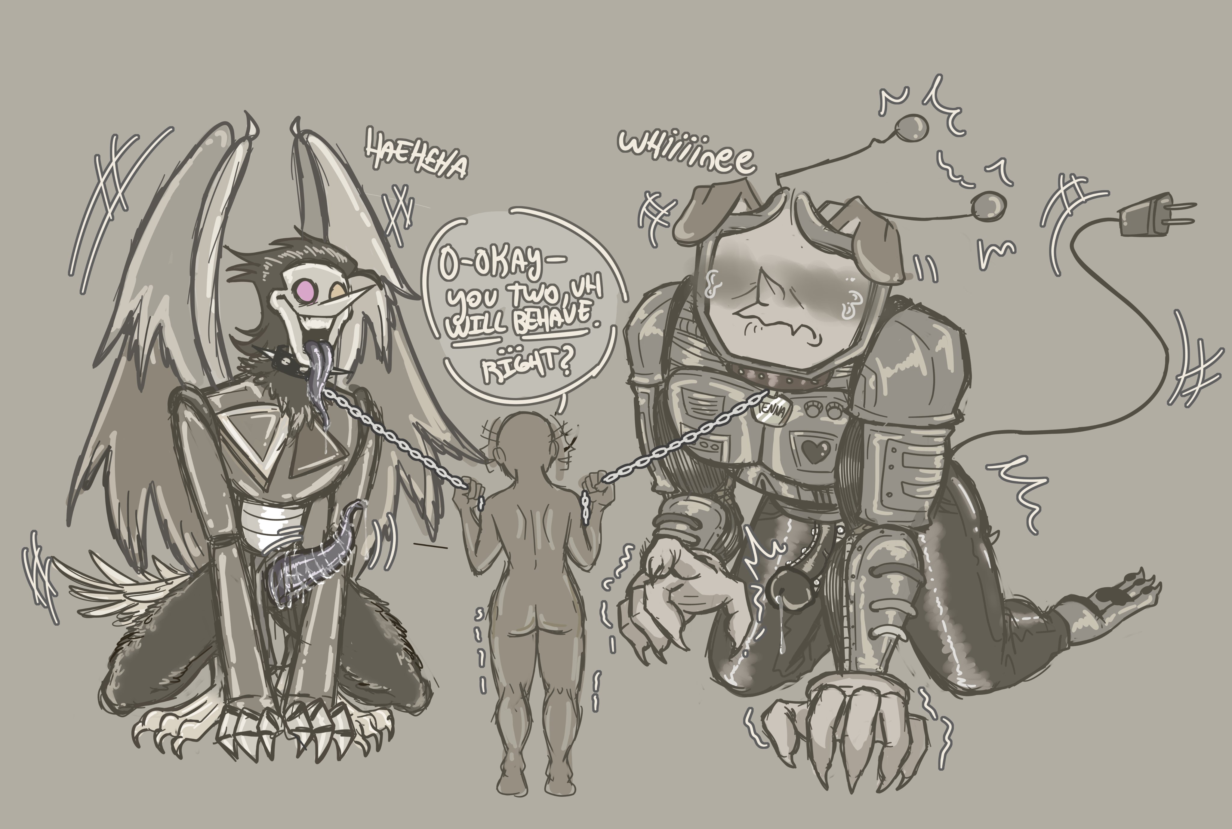 anon, big penis, bird humanoid, cloaca, collar, deltarune, leaking precum, leash, leash and collar, letttusse, male, oc x canon, penis, petplay, precum, precum string, puppy ears, size difference, spamton g spamton, spamton neo, spiked collar, tail, tenna (deltarune), tentacle, tentacle penis, tentadick, text, text bubble, tv head, whining, y/n, you