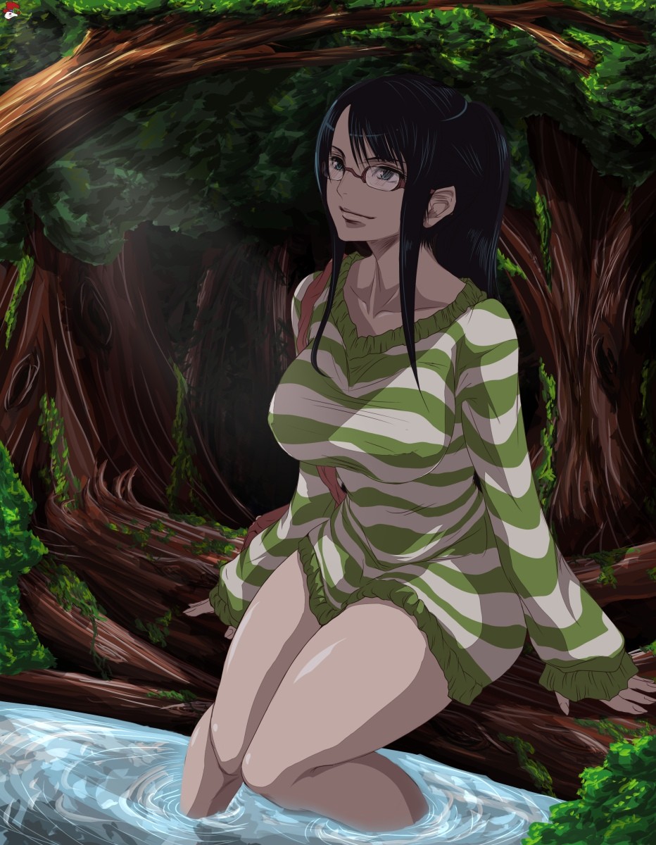 artist_request black_hair blue_eyes breasts erect_nipples female female_only forest glasses large_breasts long_hair nico_robin one_piece one_piece_film_strong_world pre-timeskip sitting smile solo sweater thighs tied_hair water wood