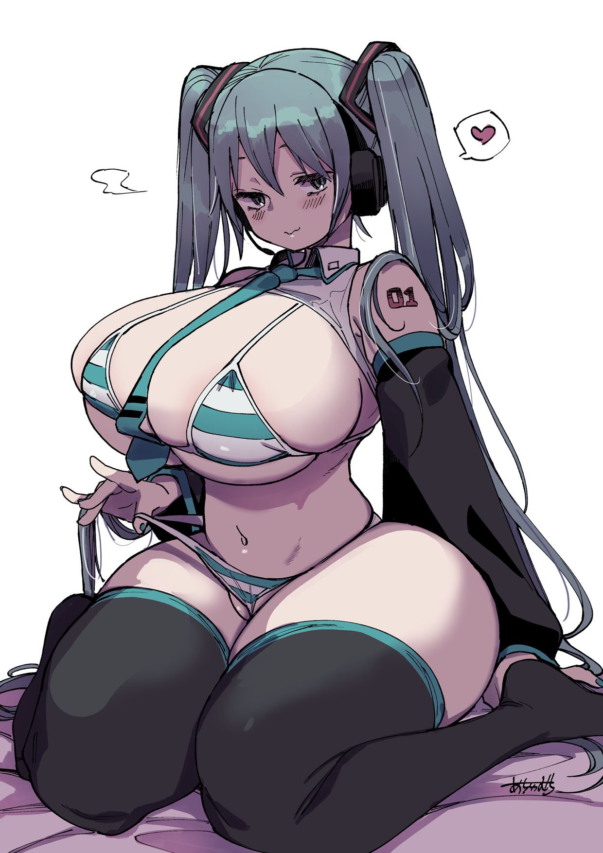 1girls, 2026, 2d, 2d (artwork), atyumuti, bed, big breasts, big thighs, bikini, blue bikini, blue eyes, blue hair, boobs, breasts, color, colored, digital media (artwork), female, female only, hair, hatsune miku, heart, hi res, huge boobs, huge breasts, huge thighs, large breasts, legs, light skin, light-skinned female, number, number tattoo, on bed, sheets, simple background, sitting, sitting on bed, smile, solo, stomach, tatoo, thick thighs, thighs, tie, tits, vocaloid, white background