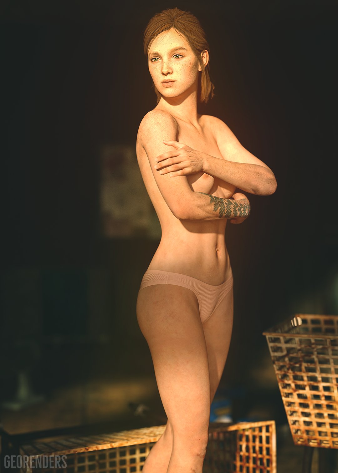 1girls, 3d, breasts, brown hair, ellie (the last of us), ellie williams, female, female only, georenders, nipples, panties, small breasts, solo, the last of us, the last of us 2