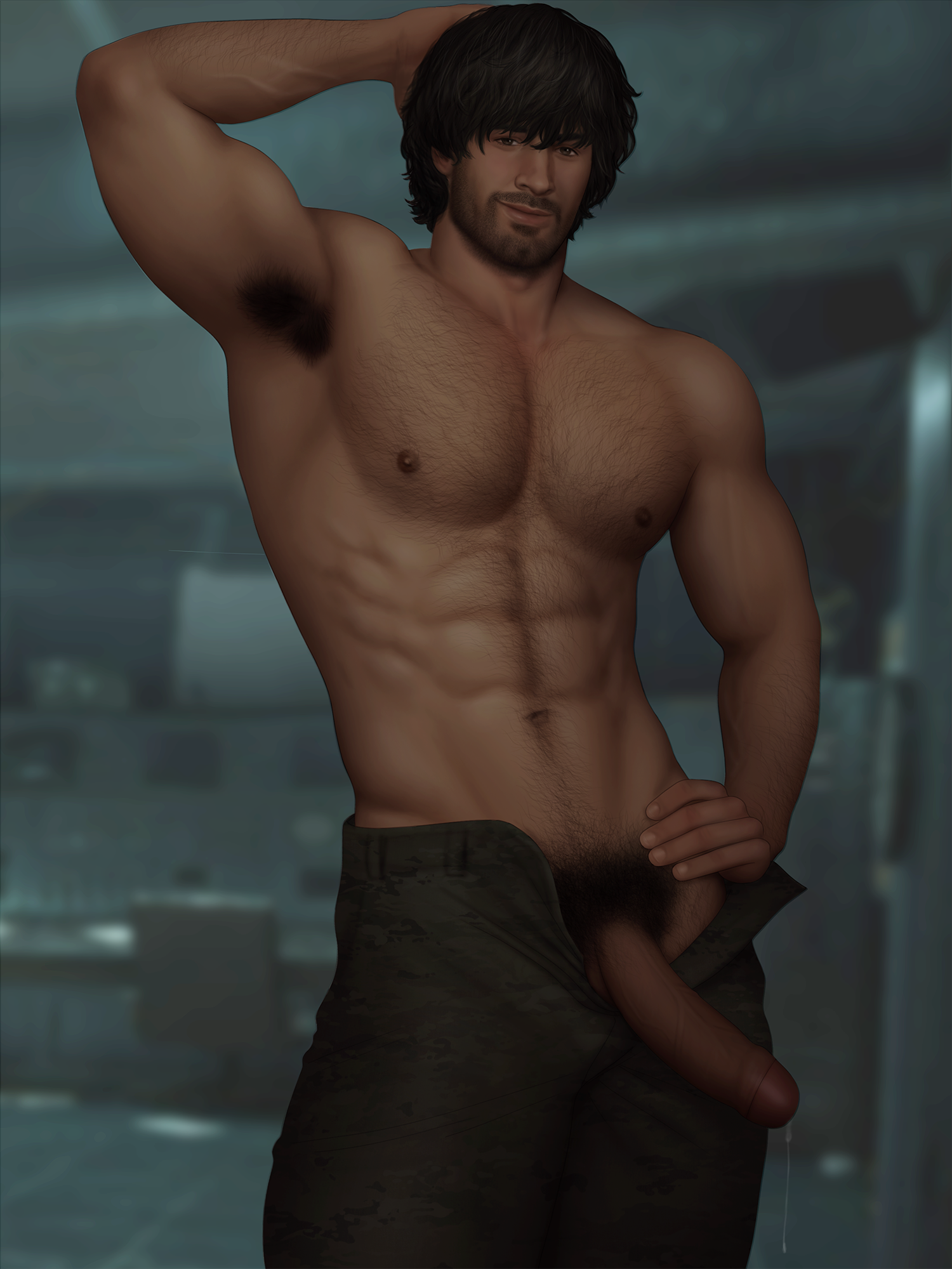 1boy, abs, armpit hair, balls, biceps, body hair, carlos oliveira, chest hair, dark-skinned male, dilf, drawnpr0n, erection, happy trail, male, navel, nipples, pants open, penis, precum drip, pubes, pubic hair, resident evil, resident evil 3, resident evil 3 remake, shirtless, six pack, solo, solo male