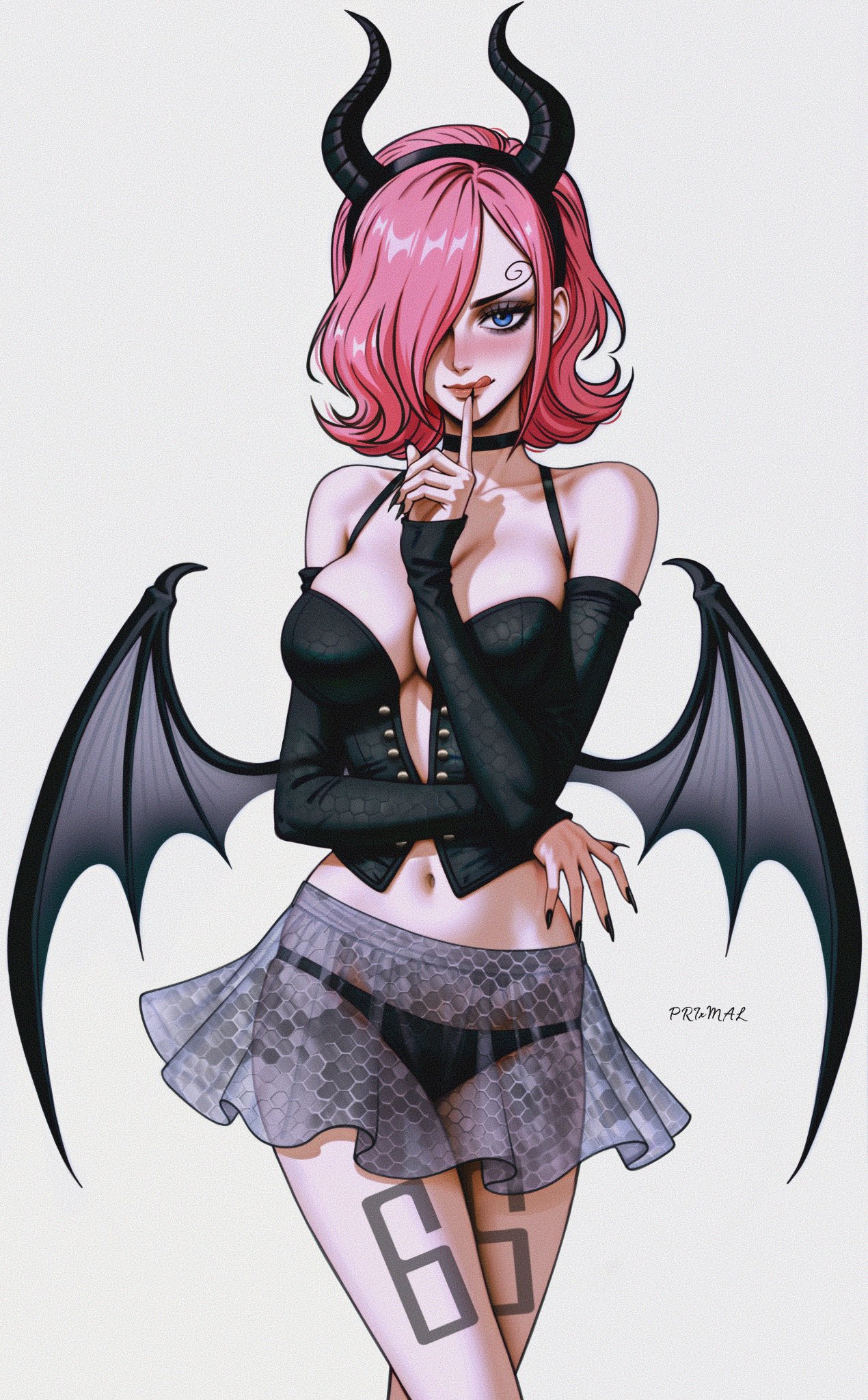 1girls, artist name, belly, belly button, black nails, black tattoo, blue eyes, blush, breasts, choker, corset, detached sleeves, eyebrows, eyelashes, female, female focus, female only, high quality, high resolution, hips, leg tattoo, lips, long legs, makeup, nail polish, nails, number tattoo, one piece, panties, pink hair, pink-haired female, prixmal, seductive, seductive smile, see-through, sexy, sexy body, sexy pose, short hair, skirt, succubus, succubus horns, succubus wings, tattoo, thighs, tongue out, vinsmoke reiju