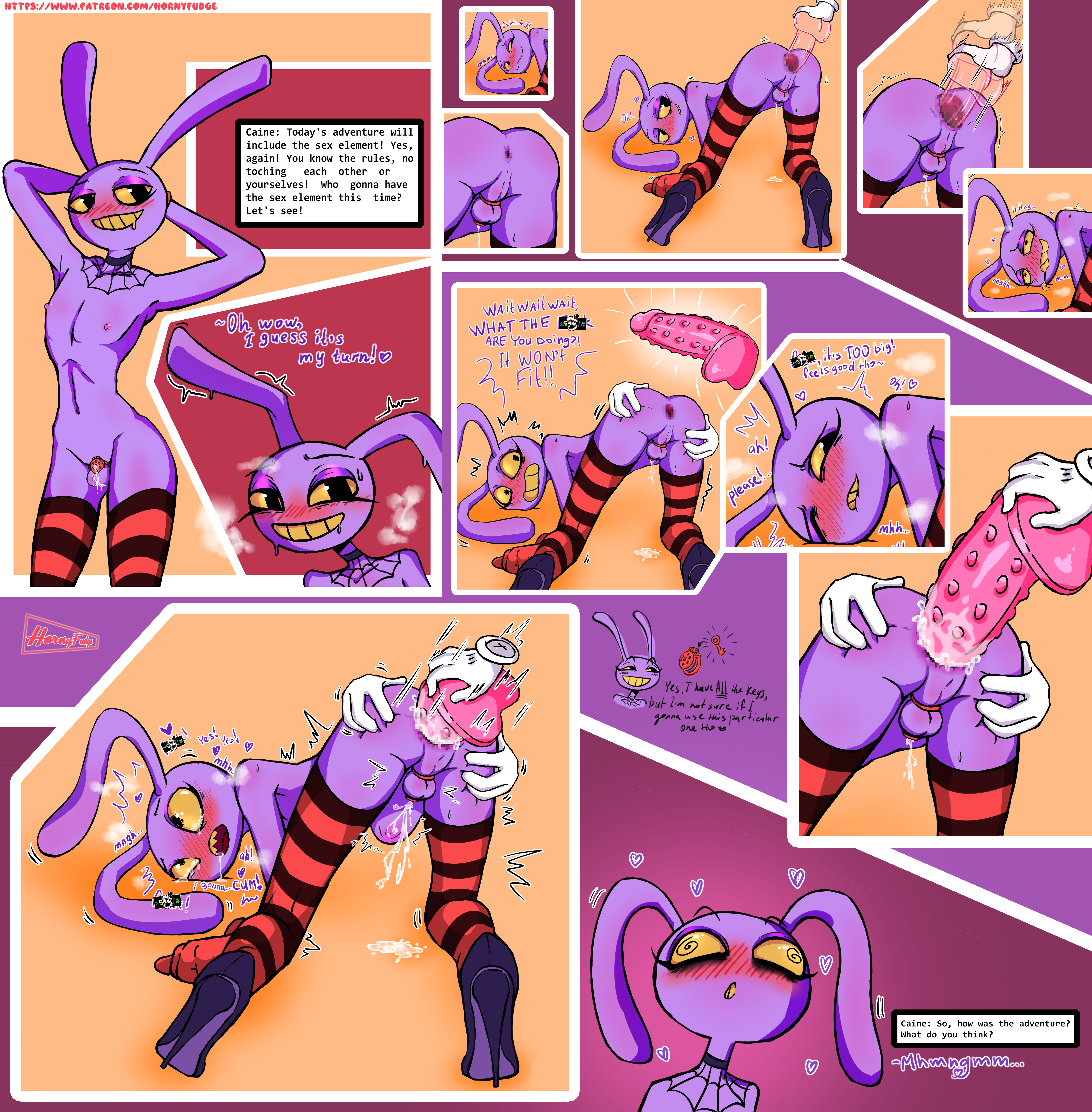 1femboy, 2d, 2d (artwork), 2d artwork, anal, anal toy, anthro, anthro only, artist logo, ass, ass bigger than head, ass focus, ass up, bunny, bunny boy, butt focus, chastity, chastity cage, chastity device, color, comic, comic strip, dildo, dildo in ass, dress, femboy, feminization, gay, gay male, glitch productions, glove, gloved hands, gloves, hornyfudge, huge dildo, jax, jax (tadc), jax (the amazing digital circus), male, male only, purple body, purple skin, smiling, smiling at viewer, solo, solo femboy, solo male, tadc, tail, teeth, teeth showing, teeth visible, the amazing digital circus, upskirt, watermark, witch jax (the amazing digital circus), yaoi, yellow eyes, yellow sclera, yellow teeth