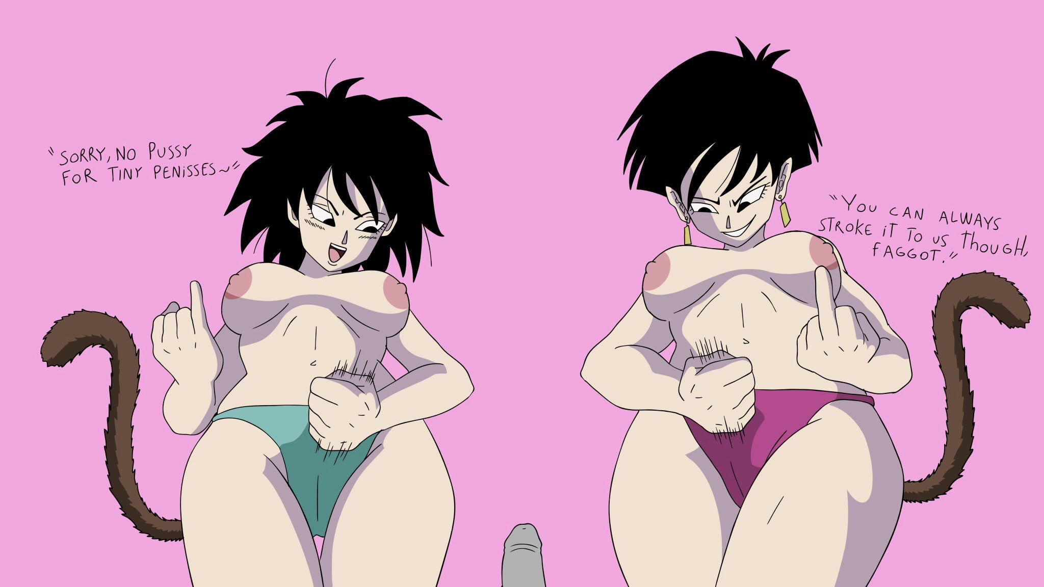 1boy, 2girls, black hair, breasts, dragon ball, dragon ball super, dragon ball z, female, female saiyan, femdom, gine, hand gesture, homophobic slur, jones boi, male, masturbation gesture, medium breasts, middle finger, milf, multiple females, multiple girls, panties, penis, saiyan, saiyan tail, seripa, short hair, slur, small penis, small penis humiliation, source request, tail