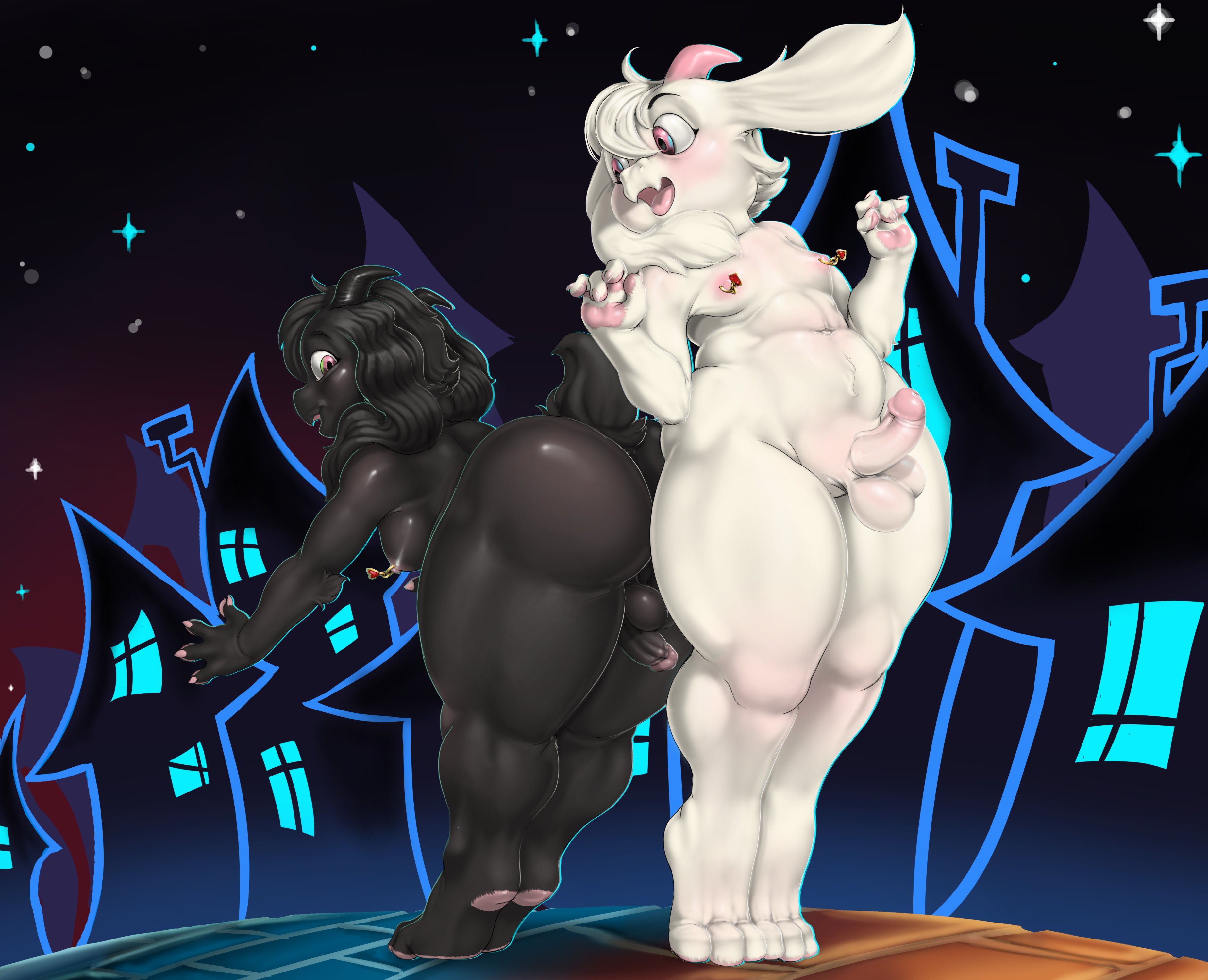 2boys, alternate costume, alternate version available, animal ears, ass, ass to ass, balls, big ass, black body, black hair, black skin, bottomless, caprine, deltarune, exposed penis, feet, femboy, femboy only, feminine male, flaccid, flaccid penis, full body, girly, hamili, horns, huge ass, legs, looking back, male, naked, naked femboy, nipple piercing, nipples, nude, nude femboy, penis, penis out, pierced nipples, piercing, piercings, pink eyes, ralsei, ralsei with black fur, ralsei with white fur, thick thighs, thighs, topless, undertale (series), white body, white hair, white skin