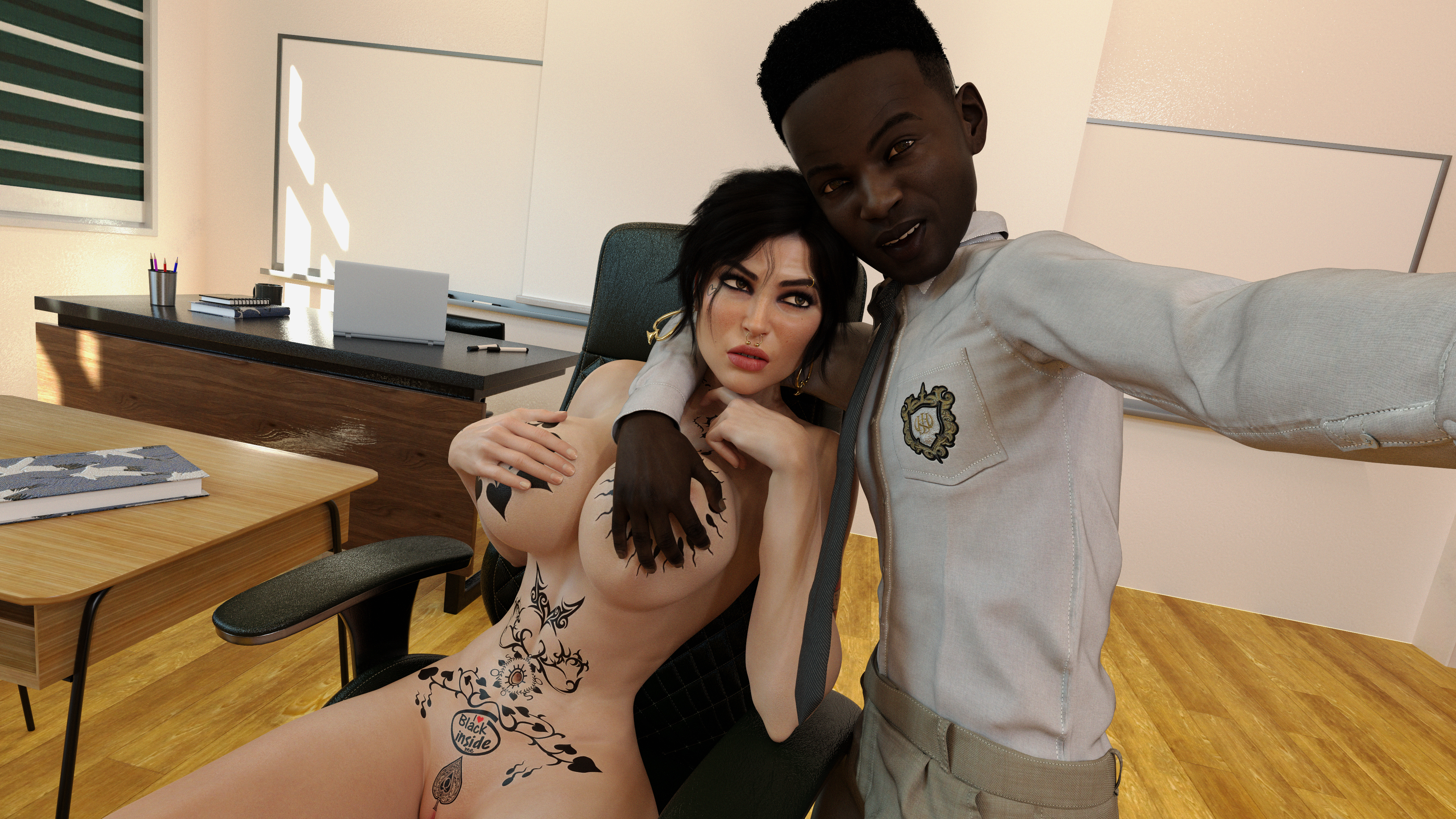 3d (artwork), big breasts, breasts, bully, classroom, dark-skinned male, female, interracial, lara croft, lara croft (survivor), male, milf, milfhunter3d, professor, qos, selfie, teacher and student, tomb raider, tomb raider (survivor)