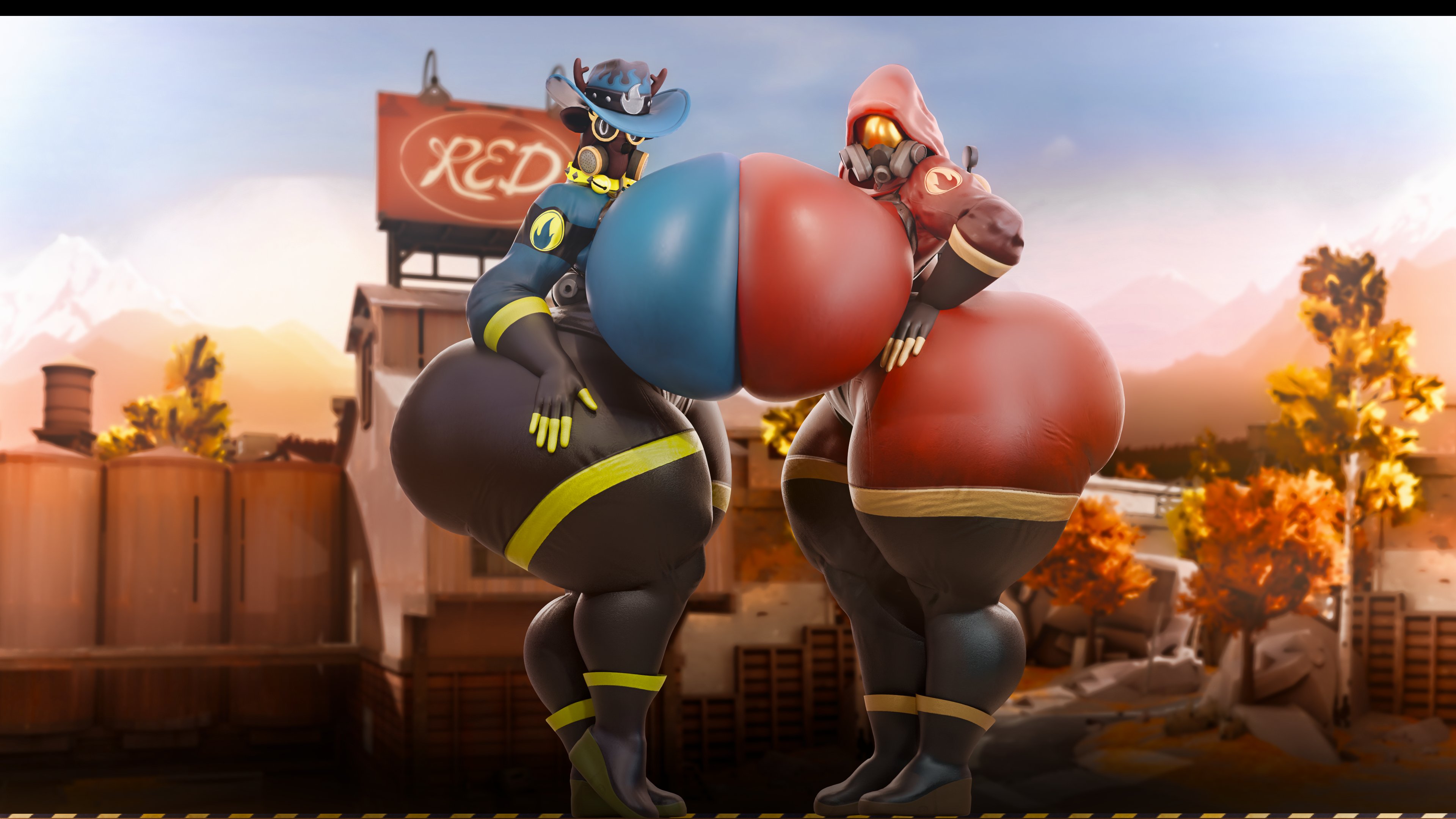 2020s, 2025, 2girls, 3d, 3d (artwork), ass, autumn, autumn leaves, big ass, big breasts, big thighs, blush, boots, breast frottage, breast squish, breasts, busty, ceiling, cel shading, clothed, clothing, coda (codansfw), codansfw, collar, detailed background, english, english text, female, female focus, female only, fempyro, fully clothed, gas mask, gloves, hat, hi res, high resolution, highres, horns, hourglass figure, huge ass, huge breasts, hyper, hyper ass, hyper breasts, large ass, large breasts, large thighs, looking at viewer, outdoors, pyro, reindeer antlers, round ass, sign, skin tight suit, skull head, spiked collar, steam, steamy breath, succubus tail, tail, team fortress 2, thick thighs, thighs, tight clothing, valve, voluptuous, wall, yuri