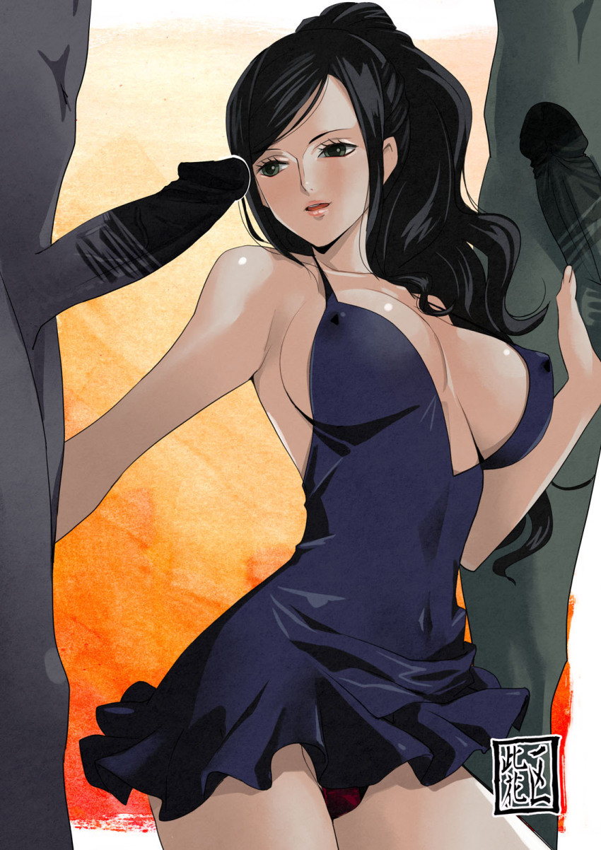 1girls, 2boys, balls, black hair, black-haired female, breasts, clothed, dress, dressrosa, female, konohana, large breasts, long hair, male, multiple boys, multiple males, nico robin, nipples, one piece, penis, testicles