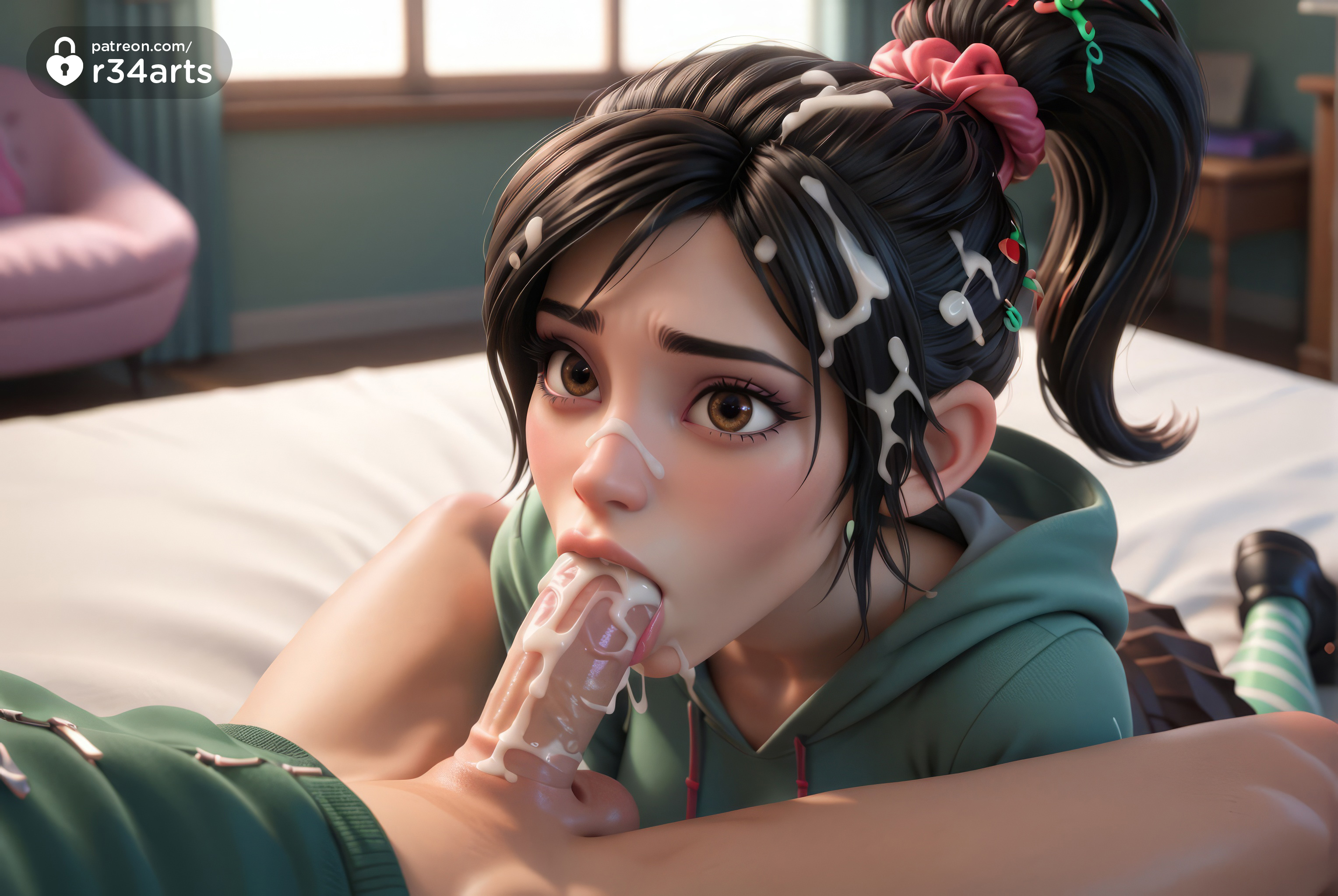 1boy, 1boy1girl, 1girls, ai generated, artist name, balls, bed, bedroom, black hair, blowjob, brown eyes, cum, cum in mouth, cum on hair, disney, erection, facial, fellatio, female, food, hair ornament, hair scrunchie, hi res, hood, hoodie, indoors, lips, looking up, male, nose, on bed, oral, penis, pink scrunchie, ponytail, r34arts, realistic, scrunchie, skirt, socks, solo focus, straight, striped clothes, striped socks, tears, testicles, uncensored, vanellope von schweetz, window, wreck-it ralph