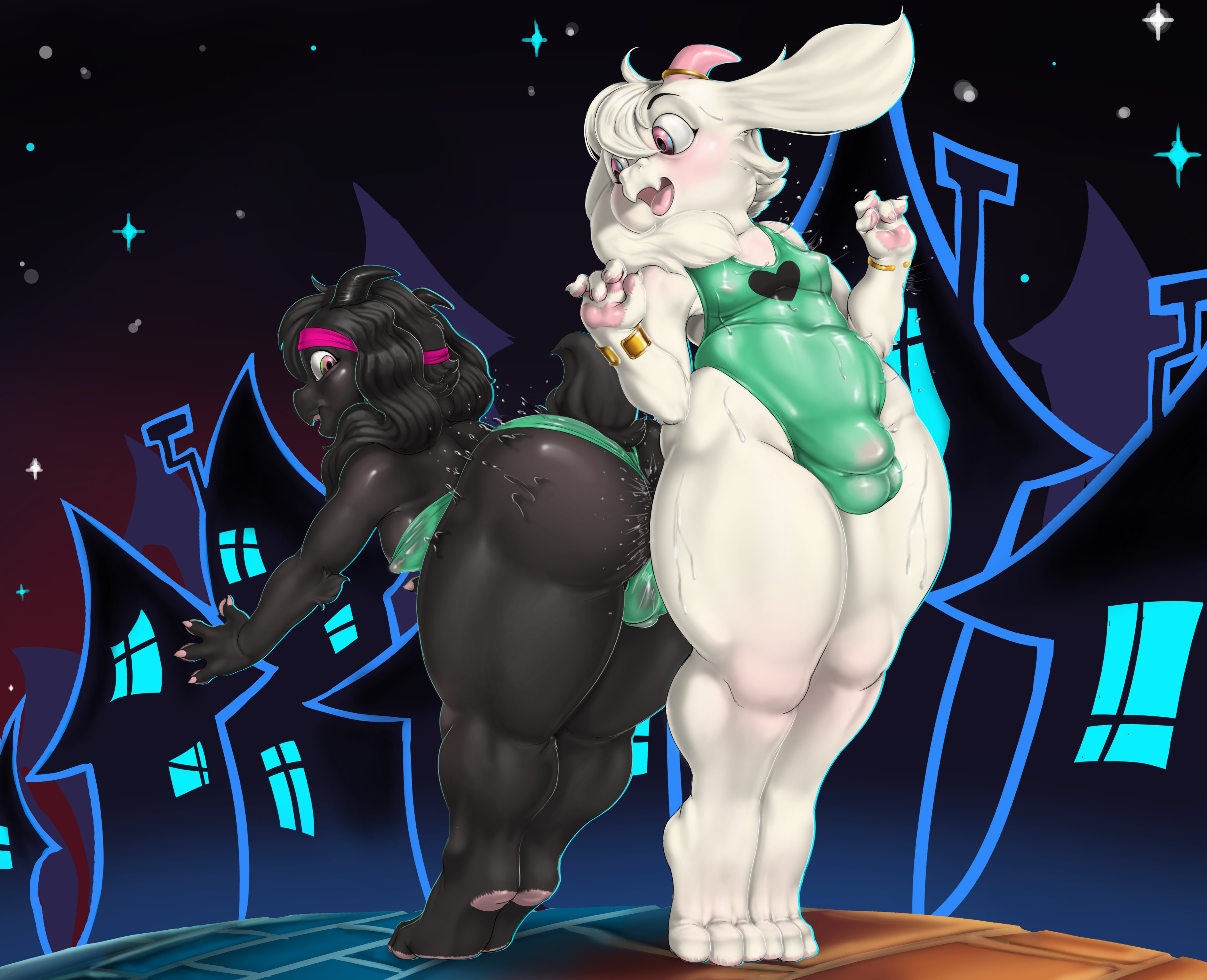 2boys, alternate costume, alternate version available, animal ears, ass, ass to ass, big ass, big bulge, black body, black hair, black skin, bulge, bulge through clothing, caprine, deltarune, feet, femboy, femboy only, feminine male, full body, girly, green swimsuit, hamili, horns, huge ass, legs, looking back, male, one-piece swimsuit, pink eyes, ralsei, ralsei with black fur, ralsei with white fur, swimsuit, swimwear, thick thighs, thighs, undertale (series), wet, wet body, white body, white hair, white skin